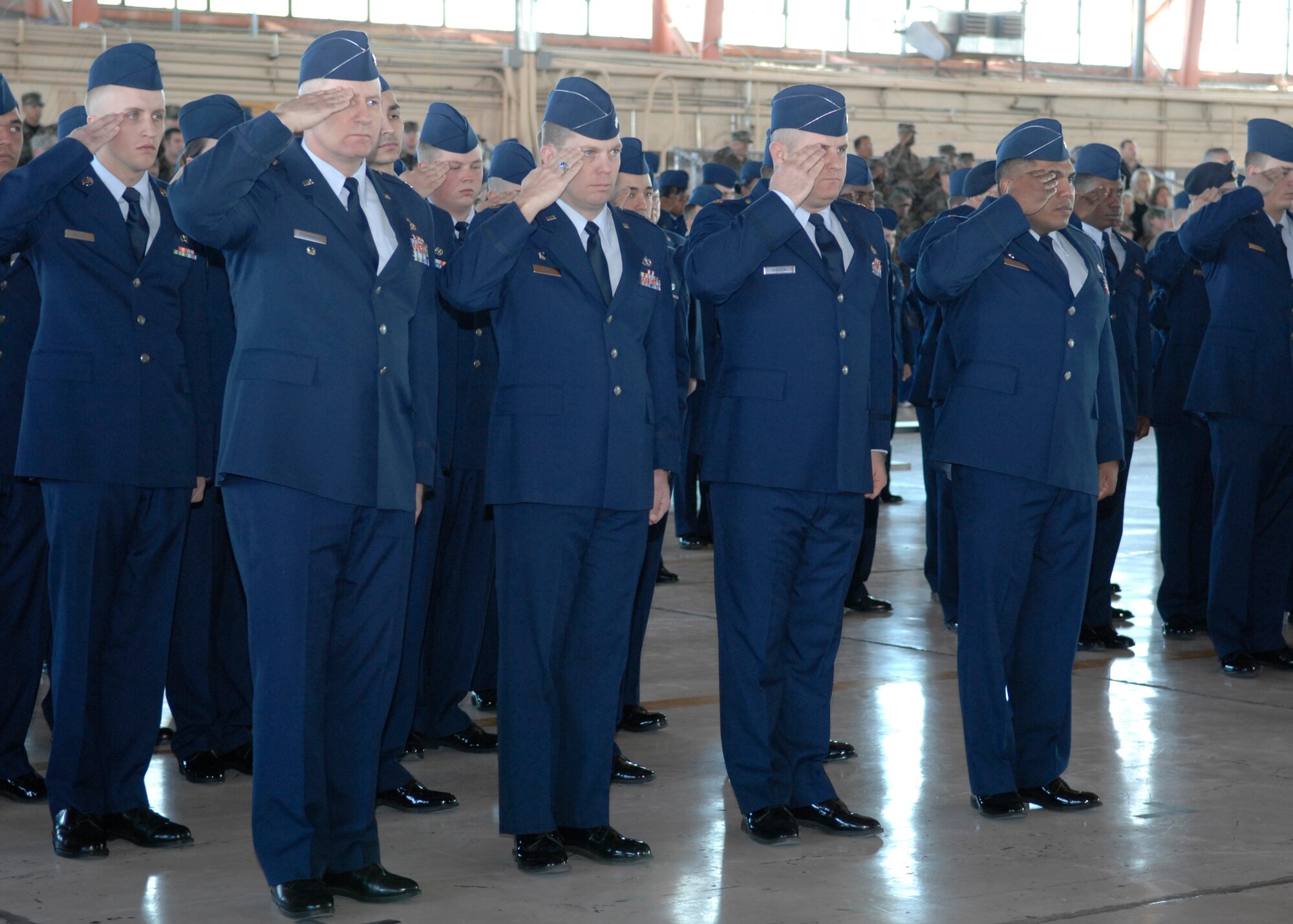 Airmen stand in formation during the 49th Fighter Wing change of command ceremony, Holloman Air Force Base, N.M. on Jan. 11, 2008. Col. Jeffrey Harrigian assumed command for Brig. Gen. David Goldfein. (U.S. Air Force photo/Airman 1st Class Rachel A. Kocin)