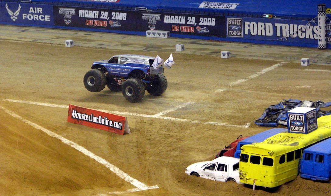 Afterburner, the Air Force's monster truck, dazzles the crowd Jan. 13 during the freestyle show at the 2008 San Antonio Monster Jam.  Afterburner, an Air Force recruiting tool, is driven by Damon Bradshaw.  (Courtesy photo/Jill Raney)