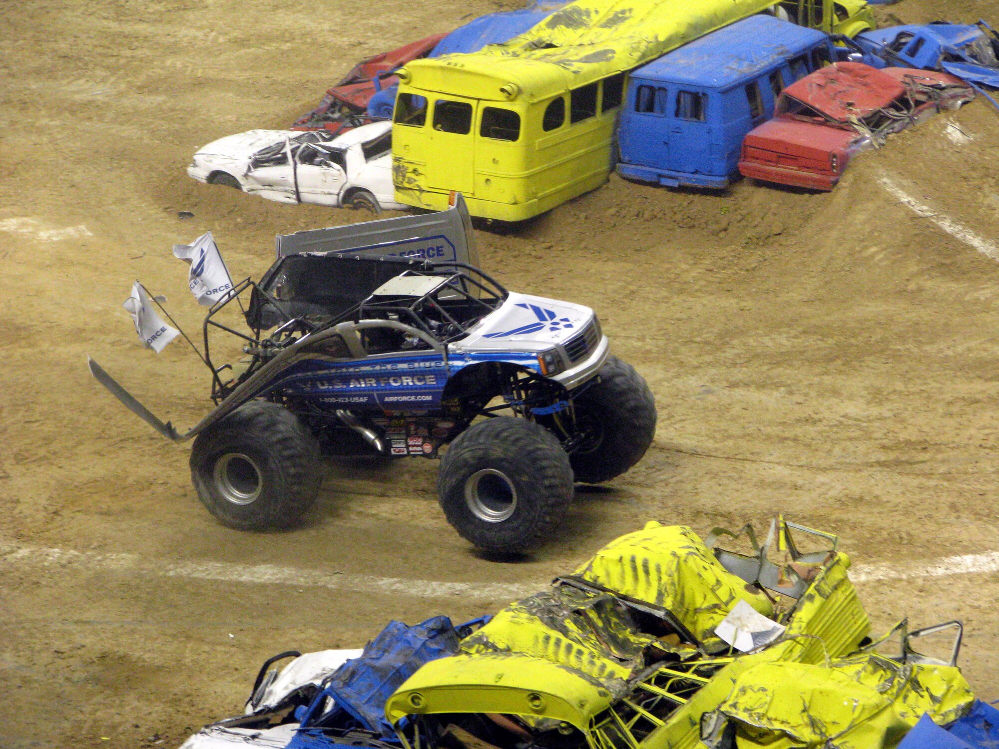Afterburner, the Air Force's monster truck, dazzles the crowd Jan. 13 during the freestyle show at the 2008 San Antonio Monster Jam.  Afterburner, an Air Force recruiting tool, is driven by Damon Bradshaw.  (Courtesy photo/Jill Raney)