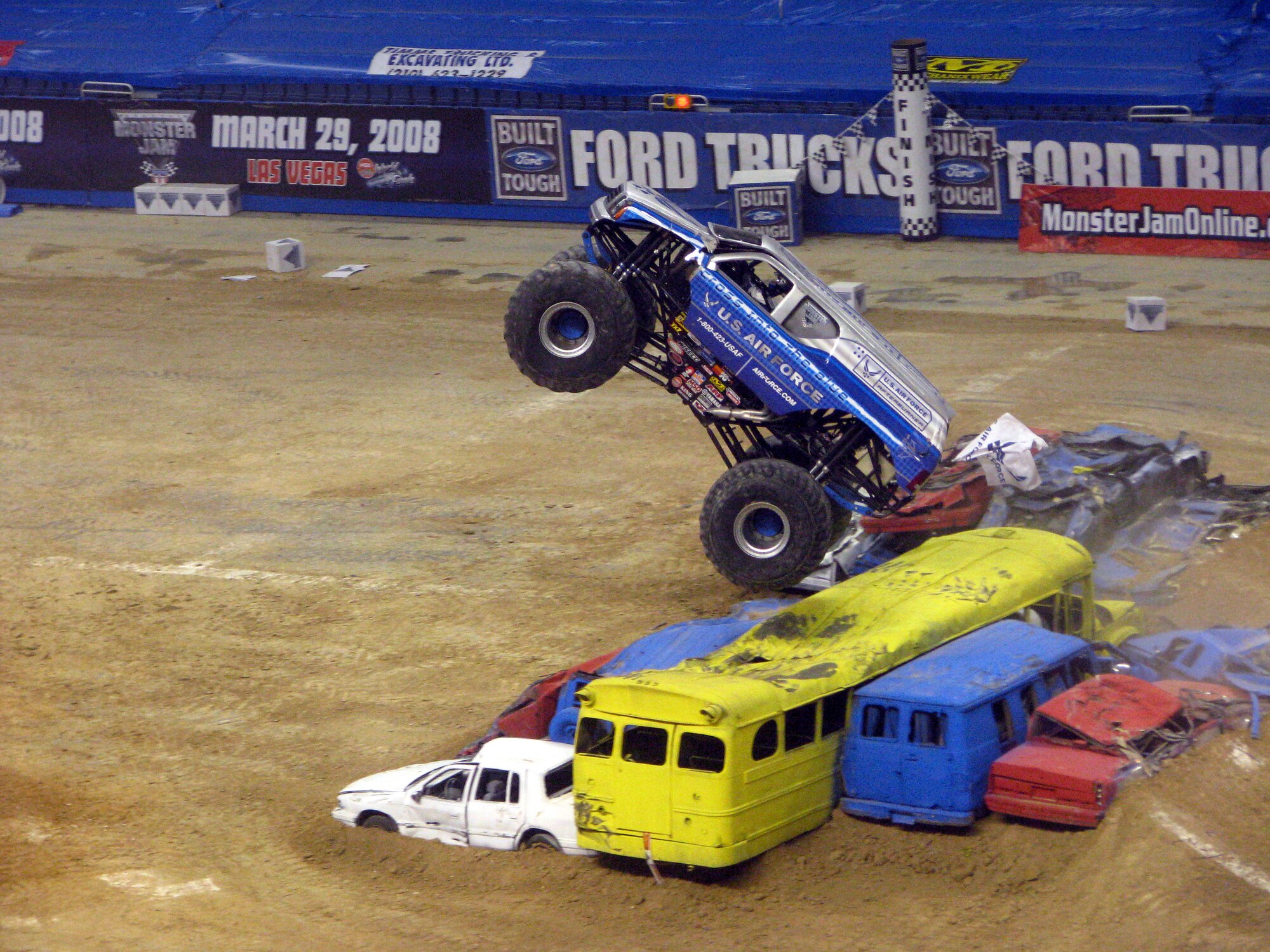 Afterburner, the Air Force's monster truck, goes airborne while dazzling the crowd Jan. 13 during the freestyle show at the 2008 San Antonio Monster Jam.  Afterburner, an Air Force recruiting tool, is driven by Damon Bradshaw.  (Courtesy photo/Jill Raney)