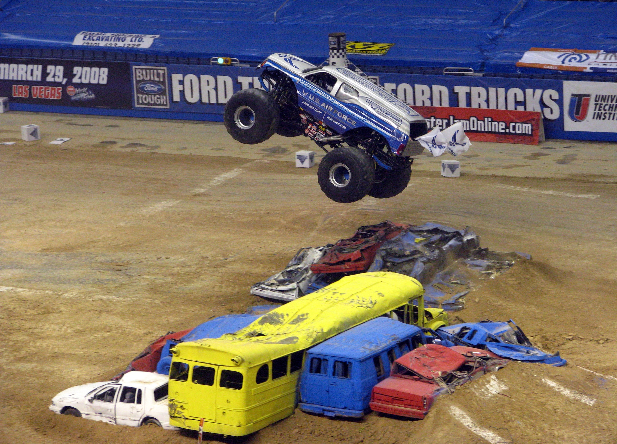 Afterburner, the Air Force's monster truck, dazzles the crowd Jan. 13 during the freestyle show at the 2008 San Antonio Monster Jam.  Afterburner, an Air Force recruiting tool, is driven by Damon Bradshaw.  (Courtesy photo/Jill Raney)