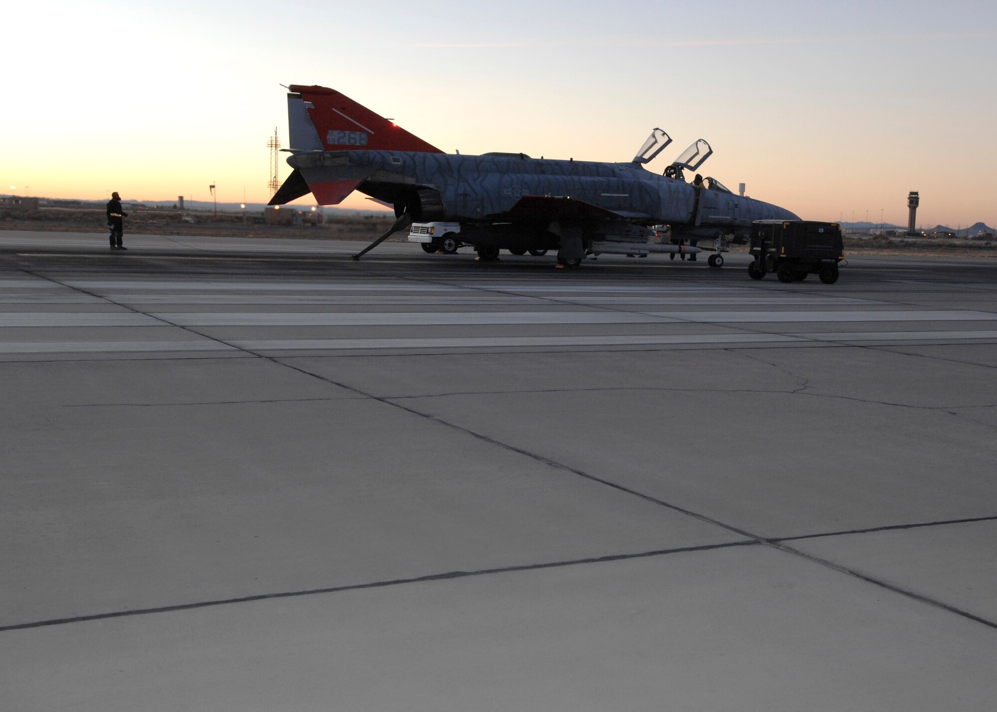 The QF-4 drone gets ready for launch on Holloman Air Force Base, N.M. on Jan. 09, 2008. This was the first air to ground missile fired off the unmanned drone. (U.S. Air Force photo/Airman 1st Class Rachel A. Kocin)