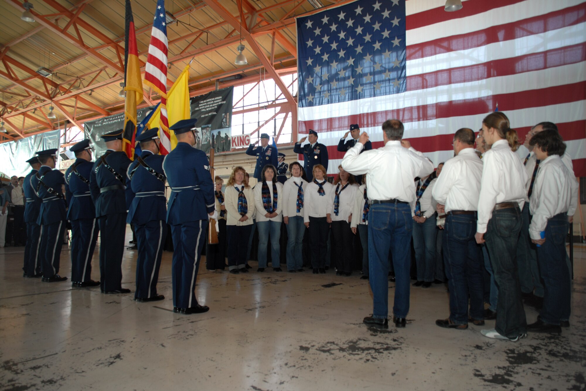 The German Choir sings the National Anthem during the 49th Fighter Wing change of command ceremony Jan. 11, 2008, at Holloman Air Force Base, N.M. Relinquishing command of 49 FW was Brig. Gen. David Goldfein and assuming command was Col. Jeffrey Harrigian. The presiding officer for the ceremony was Lt. Gen. Norman Seip, 12th Air Force commander. (U.S. Air Force photo/Airman 1st Class Jamal D. Sutter)