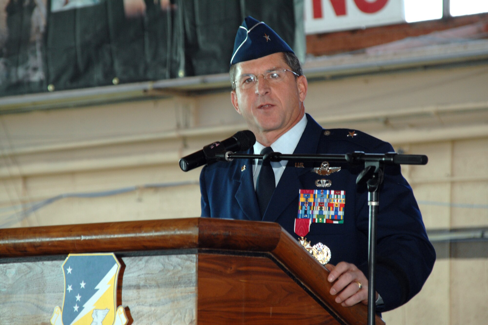 Brig. Gen. David Goldfein addresses Team Holloman and gives his final farewells during a change of command ceremony Jan. 11, 2008, at Holloman Air Force Base, N.M. General Goldfein has served as the 49th Fighter Wing commander since June 2006 and leaves being Bandit 708, the last pilot of the F-117A Nighthawk. (U.S. Air Force photo/Airman 1st Class Jamal D. Sutter)
