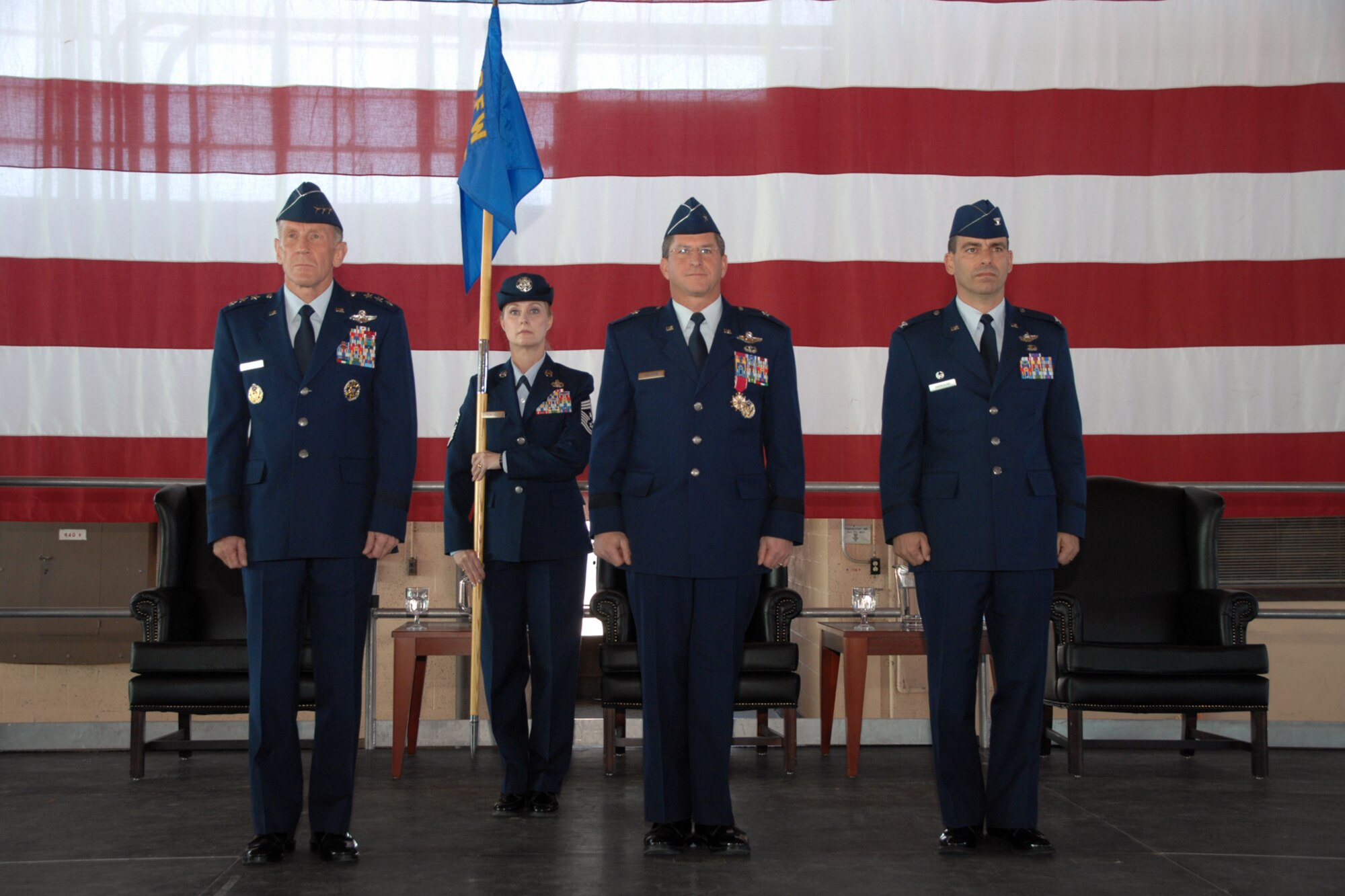 Lt. Gen. Norman Seip, 12th Air Force commander, Brig. Gen. David Goldfein and Col. Jeffrey Harrigian prepare for the official change of command of the 49th Fighter Wing during a ceremony Jan. 11, 2008, at Holloman Air Force Base, N.M. Colonel Harrigian, coming from Langley Air Force Base, Va., assumed command of the 49 FW from General Goldfein. (U.S. Air Force photo/Airman 1st Class Jamal D. Sutter)
