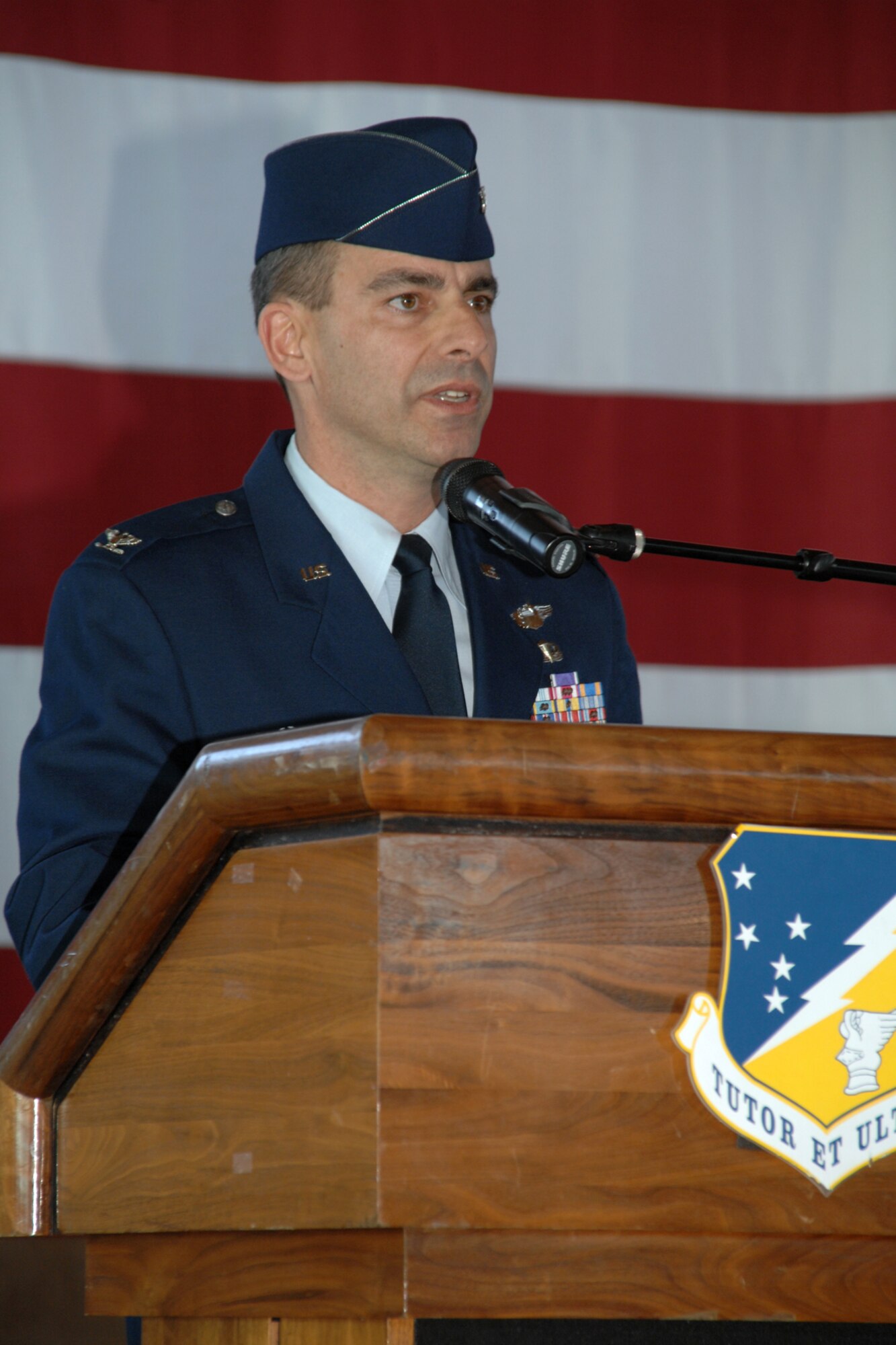 Col. Jeffrey Harrigian, newly appointed 49th Fighter Wing commander, gives his first speech during a change of command ceremony Jan. 11, 2008, at Holloman Air Force Base, N.M. Colonel Harrigian was handpicked by Chief of Staff of the Air Force Gen. T. Michael Moseley and ACC commander Gen. John Corley. (U.S. Air Force photo/Airman 1st Class Jamal D. Sutter)