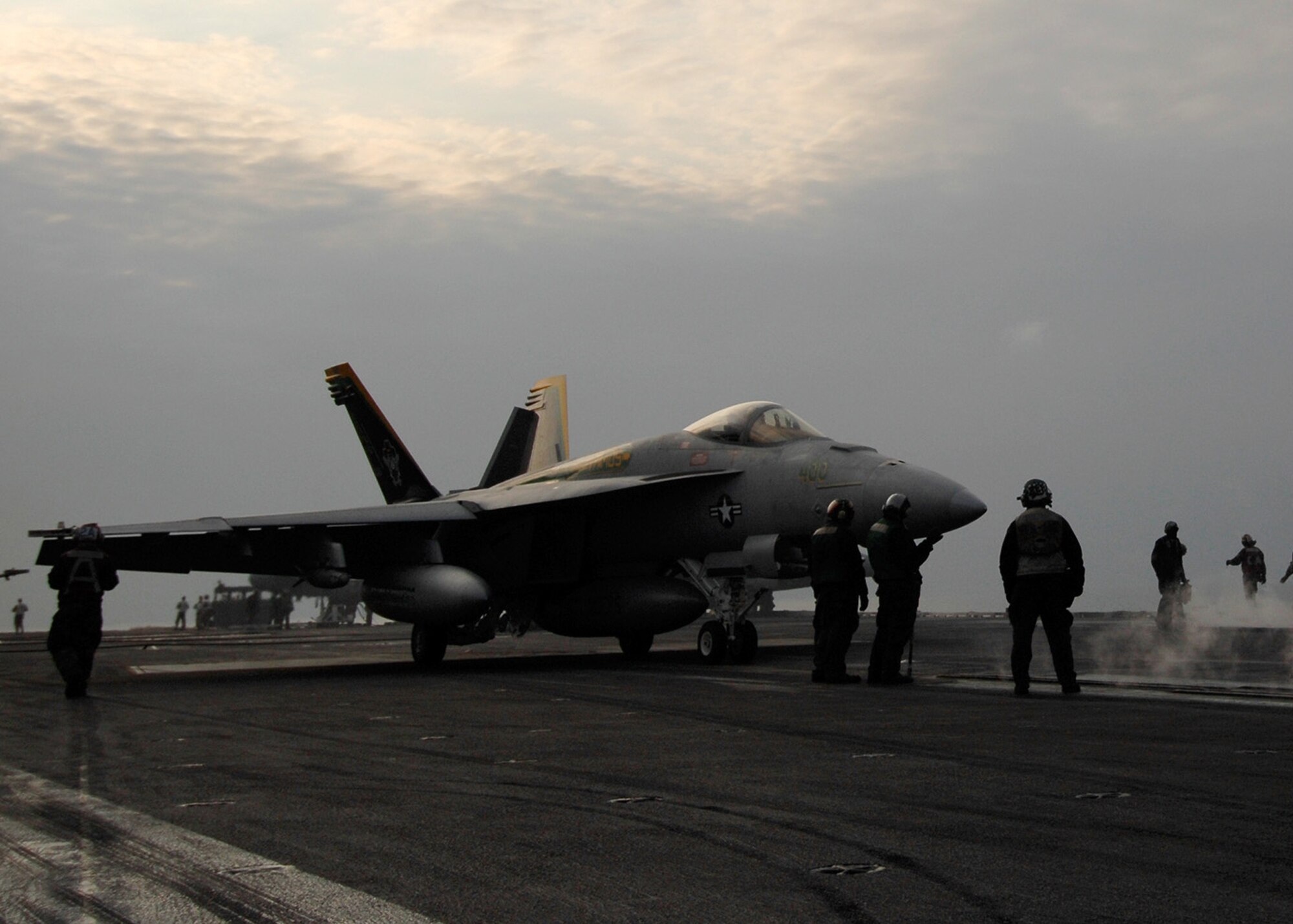 ARABIAN GULF—An F/A-18 Super Hornet assigned to Strike Fighter Squadron 105 "The Gunslingers" taxies to the catapult prior to launch during flight operations onboard the Nimitz-class aircraft carrier USS Harry S. Truman.  Truman and embarked Carrier Air Wing 3 are underway on a regularly scheduled deployment in support of Operations Iraqi Freedom, Enduring Freedom and Maritime Security Operations.  (U.S. Navy photo by Specialist 3rd Class Ricardo J. Reyes)