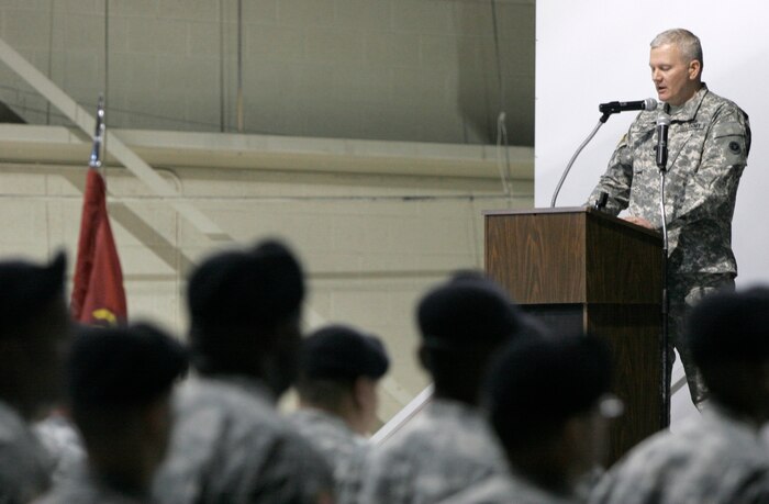 Lt. Col. Steven Cox, the 314th Combat Sustainment Support Battalion commander, addresses members of the U.S. Army’s 257th Transportation Company during a pre-deployment ceremony held here, Jan. 11. More than 100 soldiers from the 257th are scheduled to deploy Jan. 13 to forward operating locations in support of Operation Iraqi Freedom. (U.S. Air Force photo by Staff Sgt. Jacob R. McCarthy)