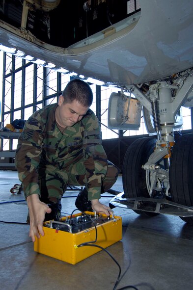 Staff Sgt. Stephen Smith, a communication and navigation systems craftsman, conducts a transponder test on a C-9C Skytrain aircraft in hangar one, Scott AFB, Ill.  Assigned to the 932nd Airlift Wing, the C-9C, along with the C-40C, provide safe, comfortable and reliable transportation for dignitaries and other U.S. leaders.
U.S. Air Force photo/Tech. Sgt. Tony R. Tolley
