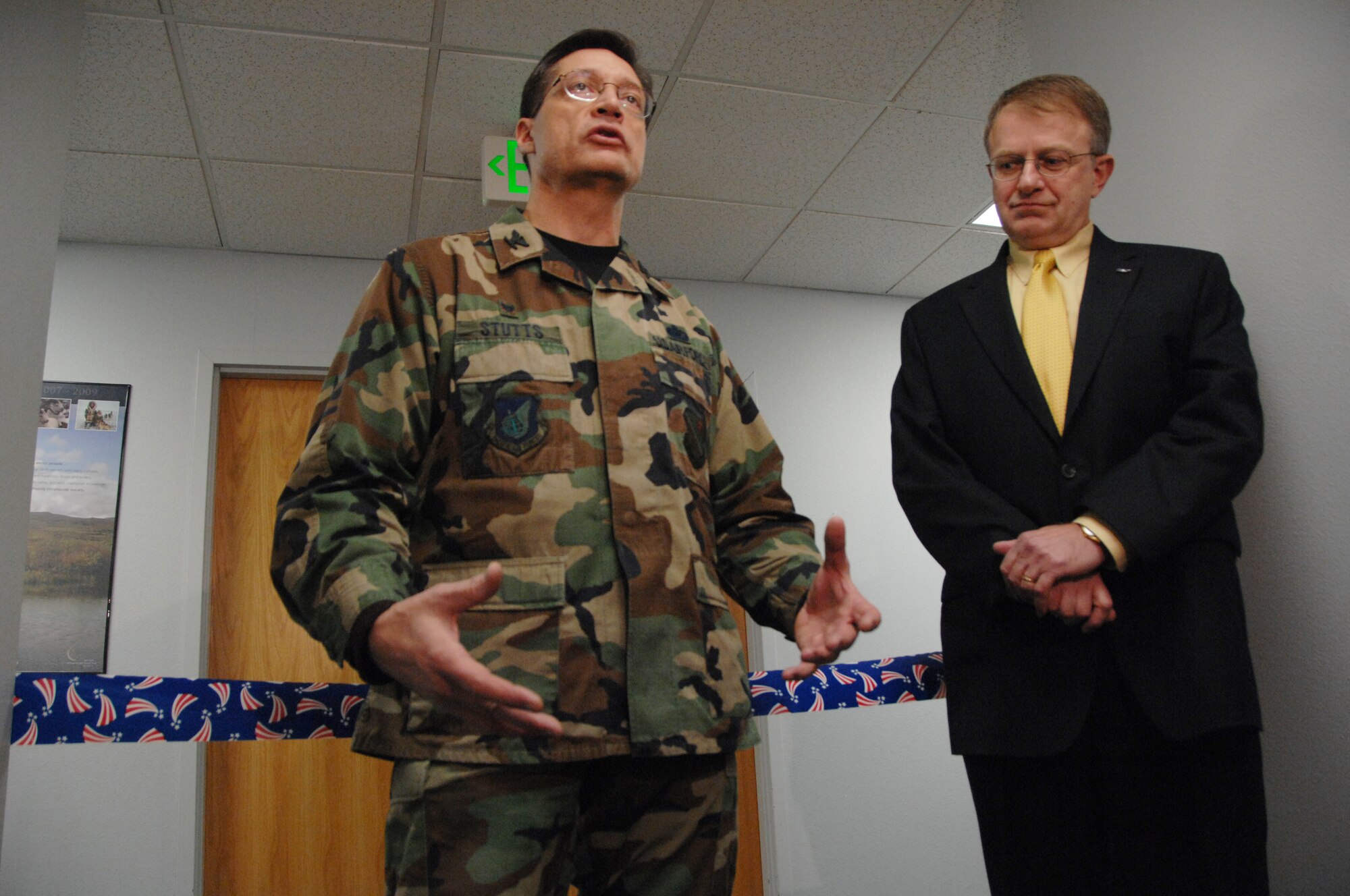 EIELSON AIR FORCE BASE, Alaska -- Col. John Stutts, 354th Mission Support Group commander, emphasizes the importance of education for Airmen and how it can improve them personally and professionally during the grand opening of the Testing Center Jan. 11, 2008, at the education office. The University of Alaska-Fairbanks has recently established the National Testing Center at Eielson.  The center will serve Airmen by providing College Level Examination Program (CLEP) and the Defense Activity for Non-Traditional Education Support (DANTES) tests. . (U.S. Air Force photo by Airman 1st Class Christopher Griffin) 