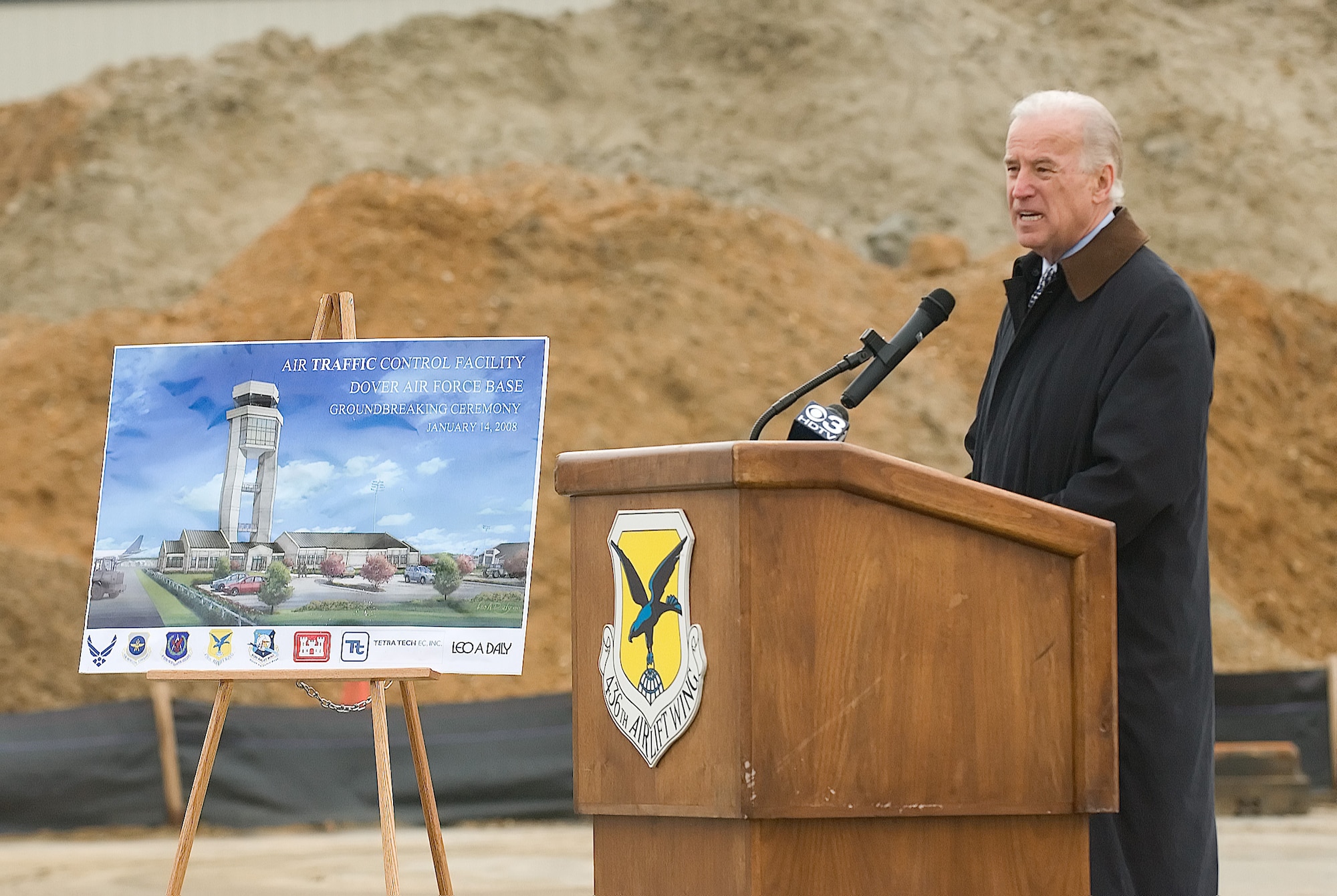 U.S. Sen. Joseph Biden speaks about the need for a new air traffic control facility Jan. 14 at Dover Air Force Base.  Biden was on hand with other dignitaries, including Sen. Thomas Carper, Rep. Mike Castle and Dover Mayor Carlton Carey, among others, to break ground for the base's new air traffic control tower.  (U.S. Air Force photo by Jason Minto)