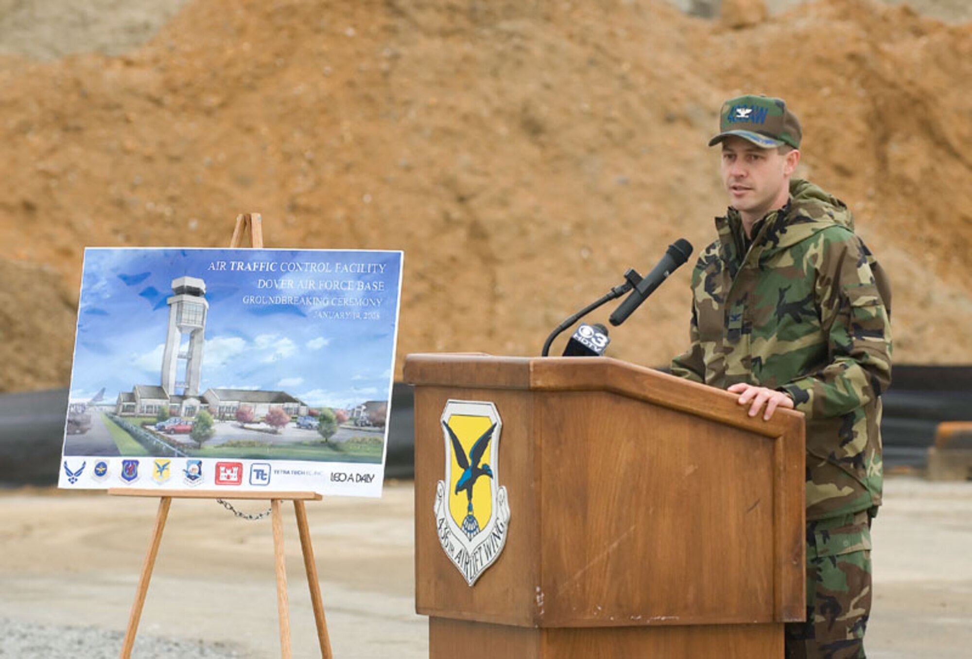 Col. Steven Harrison, 436th Airlift Wing commander, speaks during Dover Air Force Base's  groundbreaking ceremony for their new tower Jan. 14. (U.S. Air Force photo by Jason Minto)
