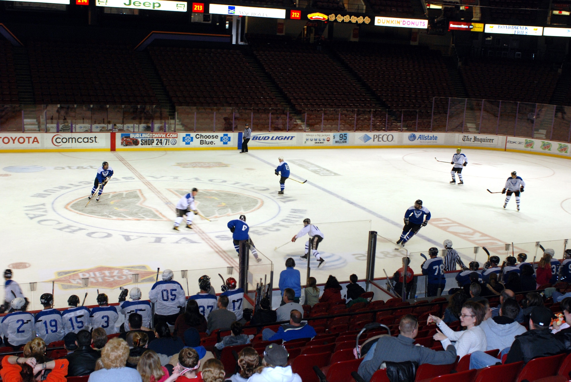 Members of Dover Air Force Base, Del., and McGuire AFB, N.J., hockey teams raised $1,500 for the Combined Federal Campaign in a charity hockey match Jan. 13 in Philadelphia. The game ended with a Dover AFB victory, 9-4. About 300 friends and family members of the two wings attended the charity event. (U.S. Air Force photo/Staff Sgt. Steve Lewis) 
