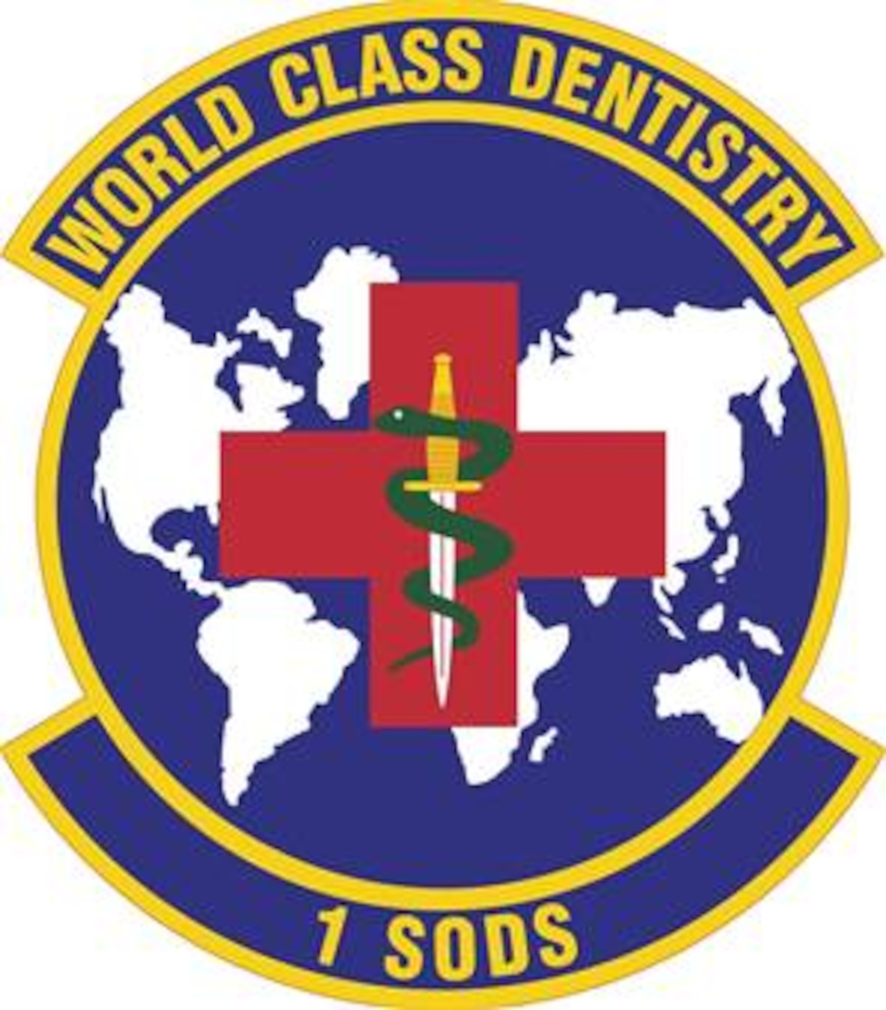 Emblem Significance: Ultramarine blue and Air Force yellow are the Air Force colors.  Blue alludes to the sky, the primary theater of Air Force operations.  Yellow refers to the sun and the excellence required of Air Force personnel.  The map of the world signifies support of the United States Air Force operations around the world.  The dagger represents the primary organizations of the dental unit.  The snake, dagger, and red cross represent the civilian and military personnel and their dedication to healing with dentistry. 