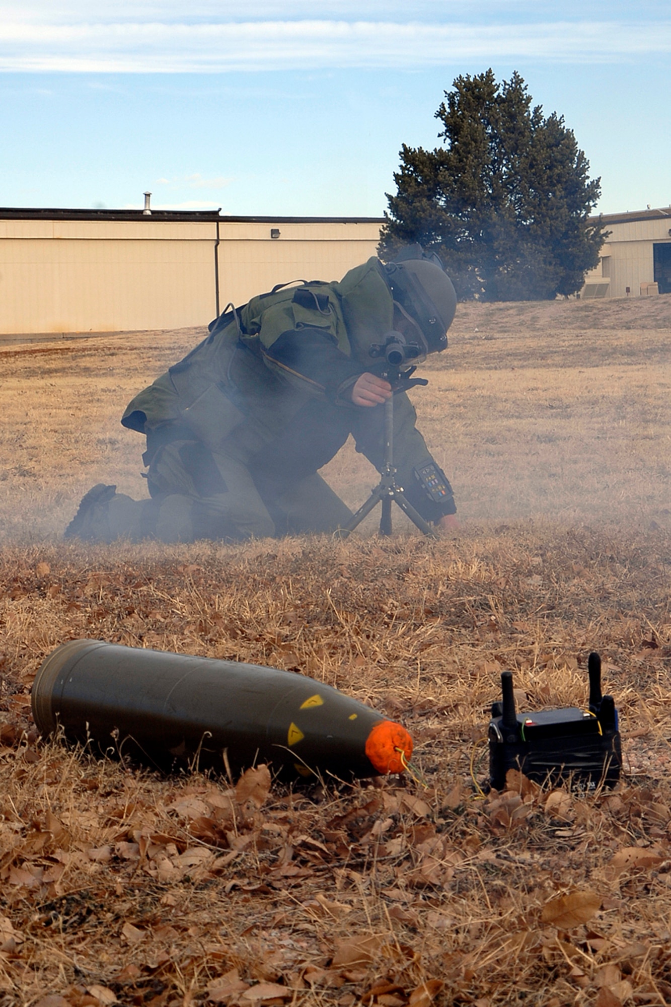 Senior Airman Tyson Johnson, 21st Civil Engineer Squadron Explosive Ordinance Flight, performs a clearing exercise. (U.S. Air Force photo/Rob Bussard)