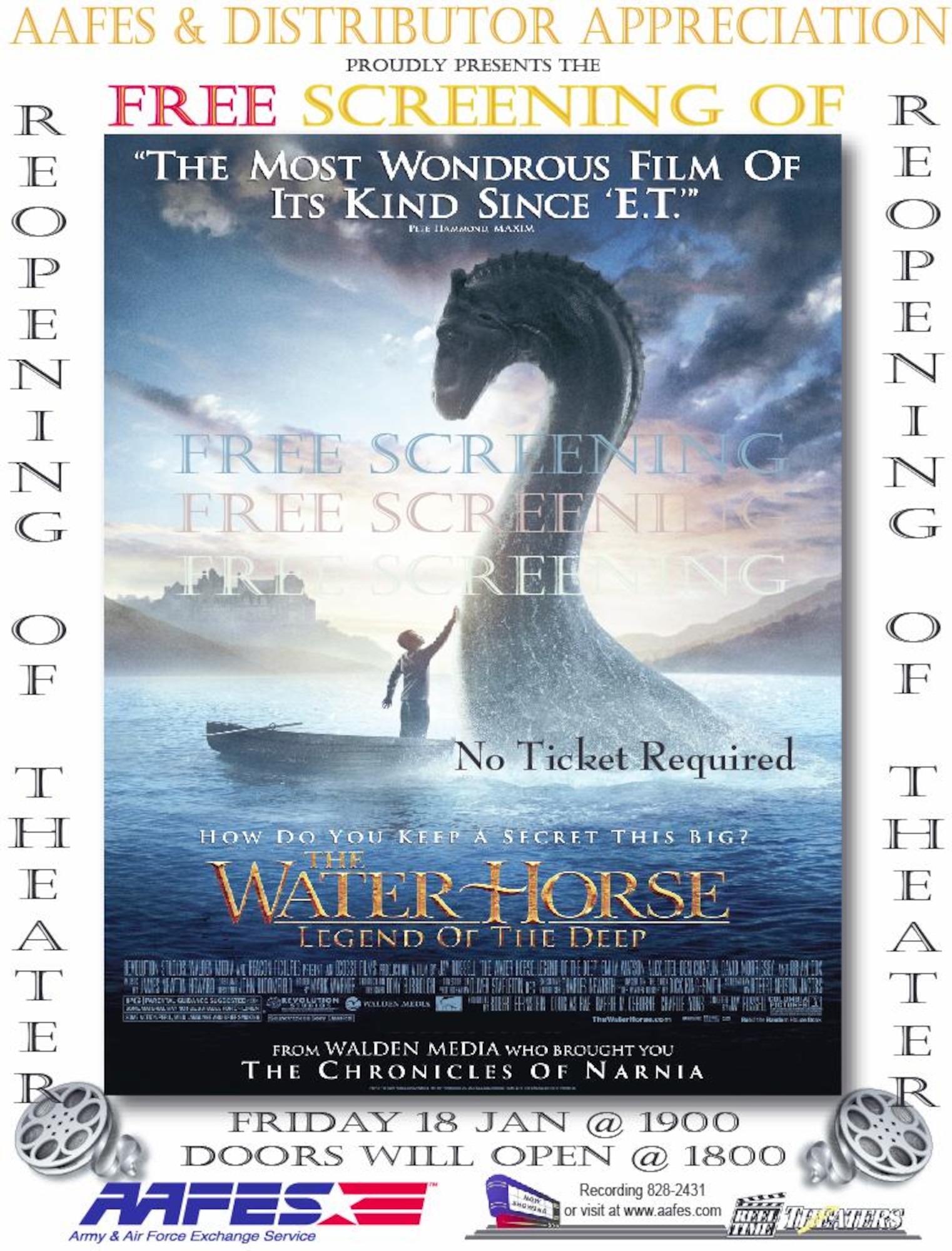 The base theater will host a grand re-opening Jan. 18 with a free movie showing of The Water Horse, rated PG, at 7 p.m. After closing in September, the theater received upgrades including a new screen, acoustic curtains installed on the side and back walls, an updated surround sound system, a refinished stage, improved snack bar, new lighting in the outer lobby and projection room, fresh paint, and larger seats with cup holders that can accommodate 340 customers.
