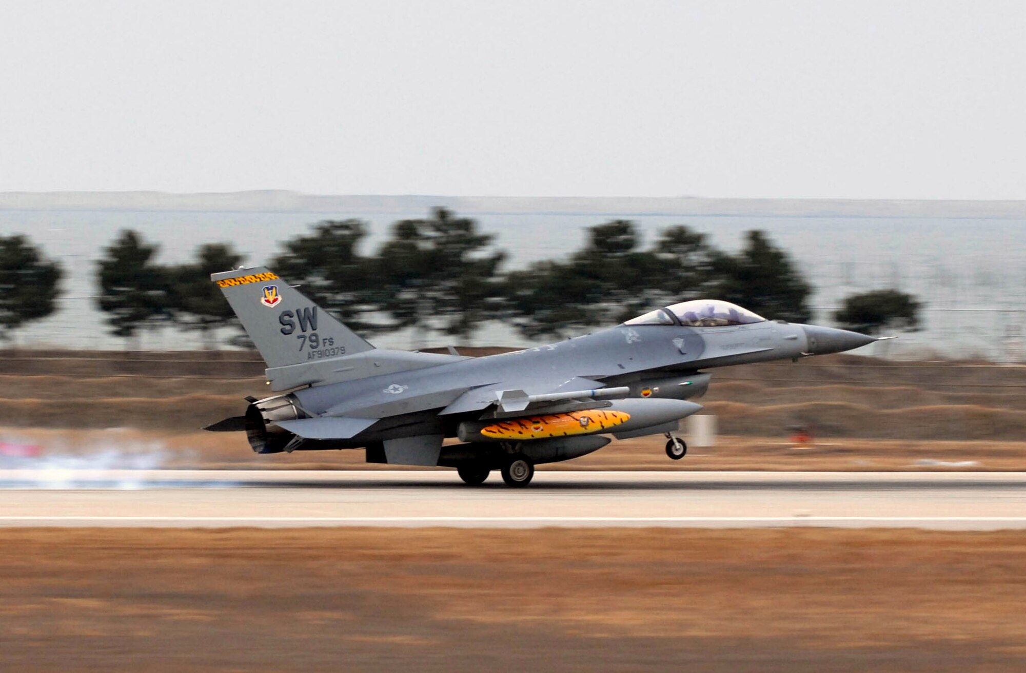 Lt. Col. Donald Butler touches down his F-16 Fighting Falcon Jan. 15 at Kunsan Air Base, South Korea. Colonel Butler is the 79th Fighter Squadron commander from Shaw Air Force Base, S.C. More than 300 Airmen and several aircraft from the 79th FS are in South Korea as the squadron's air and space expeditionary force deployment to help maintain peace and stability in the Pacific region. (U.S. Air Force photo/Senior Airman Steven R. Doty)
