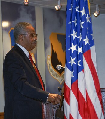 Don Elder, a member of the famed Tuskegee Airmen, speaks to guests at the annual Dr. Martin Luther King Jr. Jan. 14 at the Sheppard Club. Mr. Elder said the Tuskegee Airmen's pursuit of serving their country as aviators and aircraft mechanics was a precursor to Dr. King's civil rights movement in the decades to come. (U.S. Air Force photo/Sandy Wassenmiller)