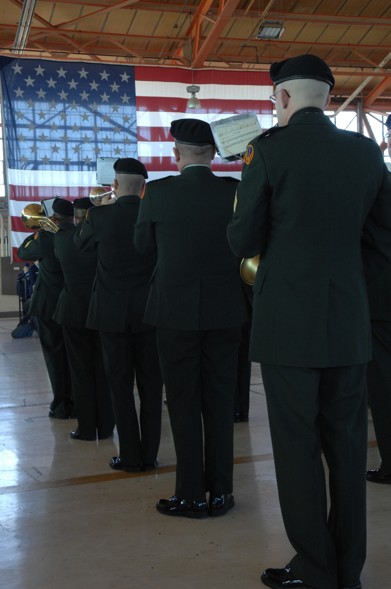 The Fort Bliss Band performs the Air Force Song, ending the 49th Fighter Wing change of command ceremony Jan. 11, 2008, at Holloman Air Force Base, N.M. The ceremony was attended by members of Team Holloman and visitors from Alamogordo, White Sands and Las Cruces, N.M., and Fort Bliss, Texas. (U.S. Air Force photo/Senior Airman Anthony Nelson Jr) 