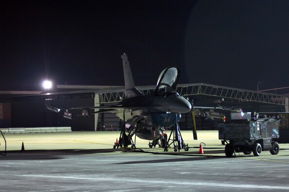 SHAW AIR FORCE BASE, S.C. -- An F-16 from the 55th Fighter Squadron prepares for night training Jan. 15. Night flying helps prepare pilots and ground crew for the difficult task of real combat operations. (U.S. Air Force photo/Airman 1st Class William Coleman)