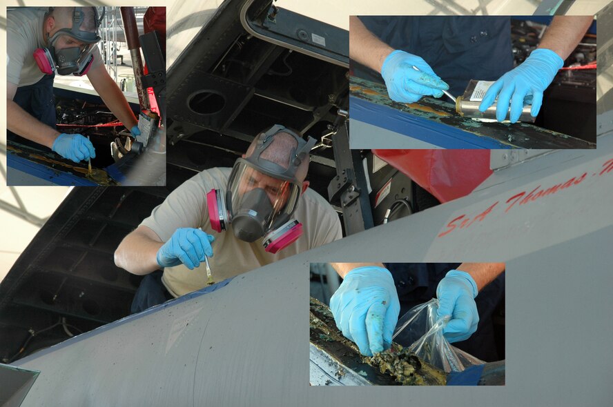 Aircraft structural maintenance craftsman Staff Sgt. Howard Haverstock, 33d Maintenance Squadron, Eglin Air Force Base, Fla., strips down a longeron from an F-15C for inspection during the stand-down. The upper longerons were a key component that the inspection focused around. The F-15 A-D models returned to flying status Jan. 8 after nearly two months of inspections.