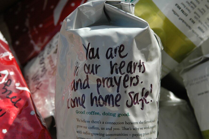 Messages of support from Travis’ surrounding community are written on most of the coffee packages. Over 885 pounds of coffee and 50 boxes of tea have been donated by a local coffee franchise in Vacaville. (U.S. Air Force photo/ Tech. Sgt. Matthew McGovern, 60th Air Mobility Wing Public Affairs)
