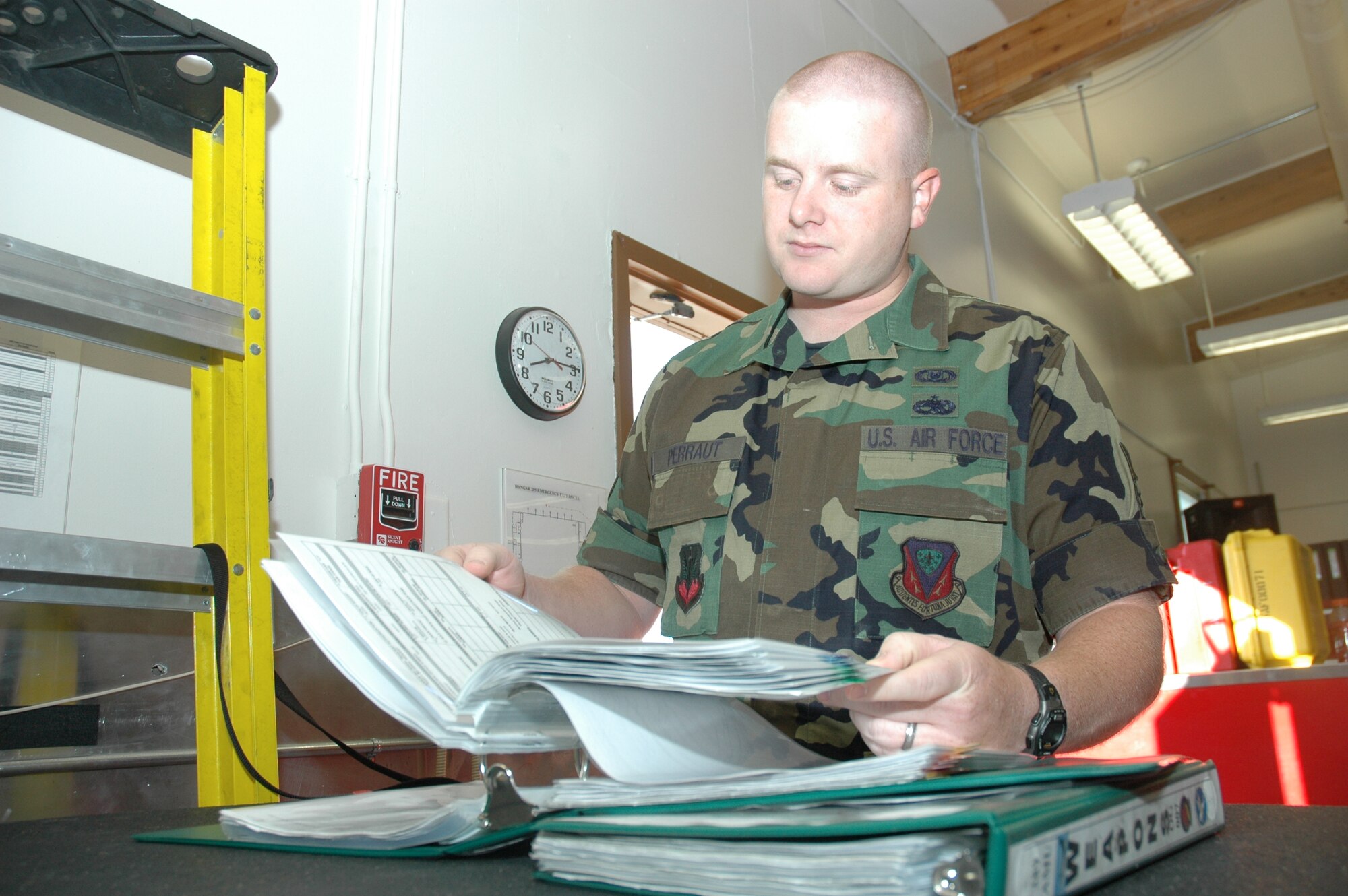 MOUNTAIN HOME AIR FORCE BASE, Idaho -- Staff Sgt. Matthew Perraut, 366th Fighter Wing Ground Safety technician, reviews a material safety data sheet while testing maintenance personnel on job safety knowledge. Sergeant Perraut was selected for the 2007 Air Combat Command Ground Safety Special Achievement award for his exceptional performance as a newcomer to the ground safety career field. (U.S. Air Force photo courtesy of 366th Fighter Wing Public Affairs)