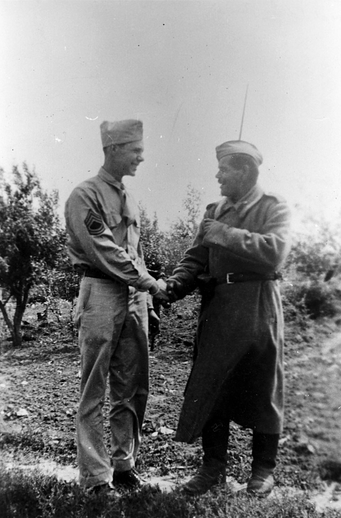 TSgt. Bernard McGuire with Russian solider in Poltava, Russia, in June 1944. (U.S. Air Force photo)