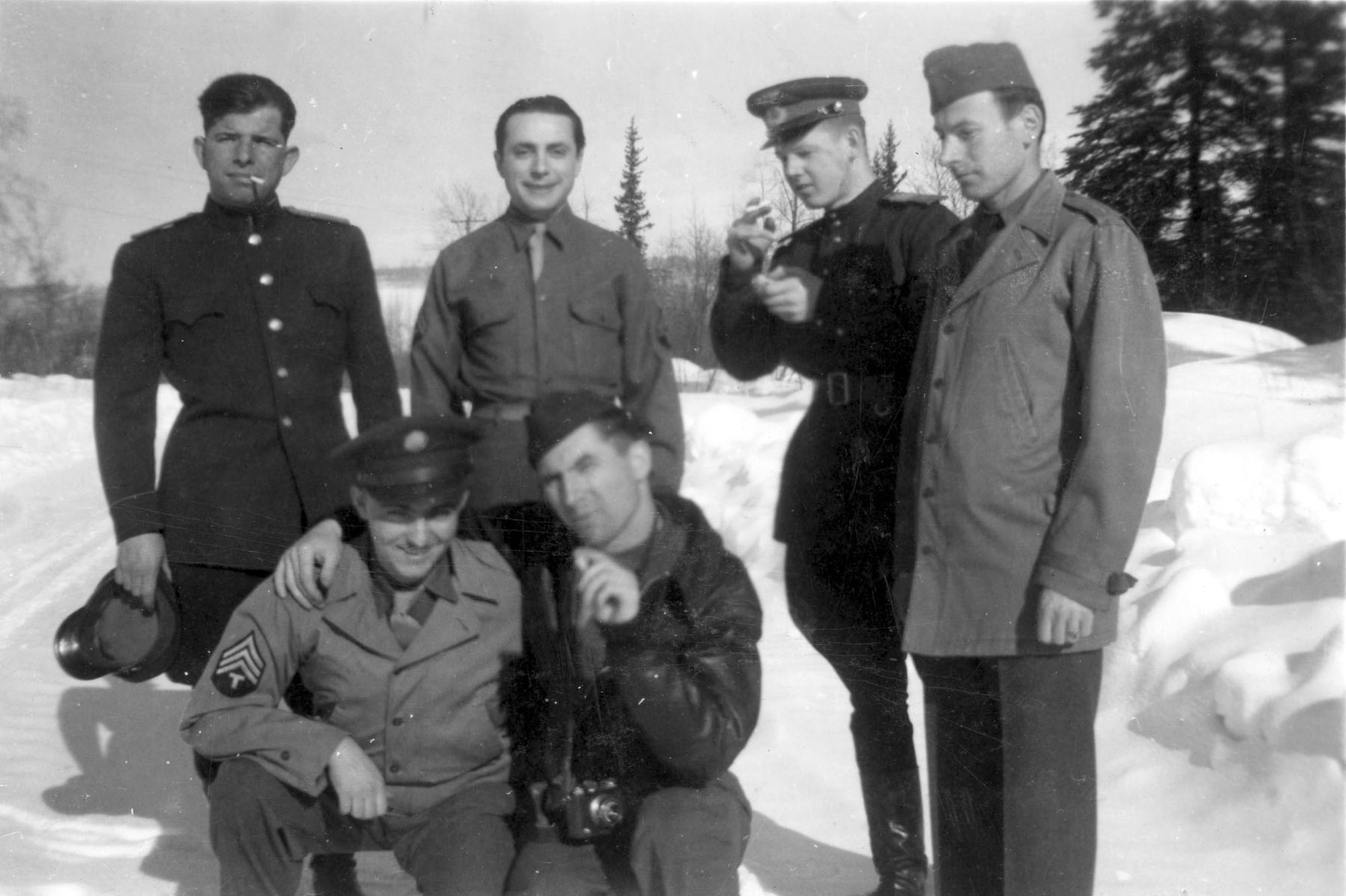 Allied aircrews pose for a picture somewhere in the wilds of Alaska. (U.S. Air Force photo)