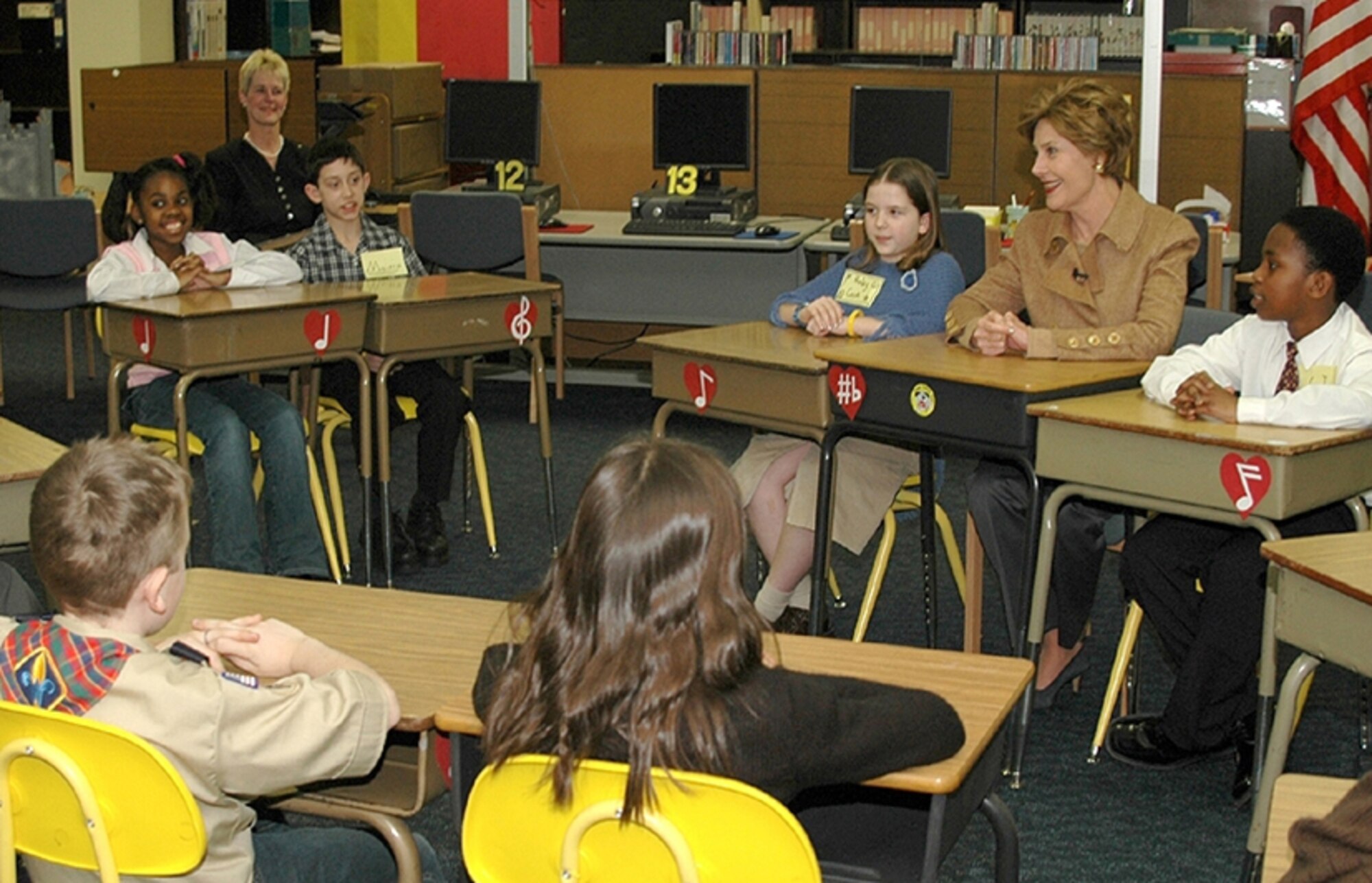 First Lady Laura Bush visits with Department of Defense Dependents Schools-Europe students. (Courtesy photo)