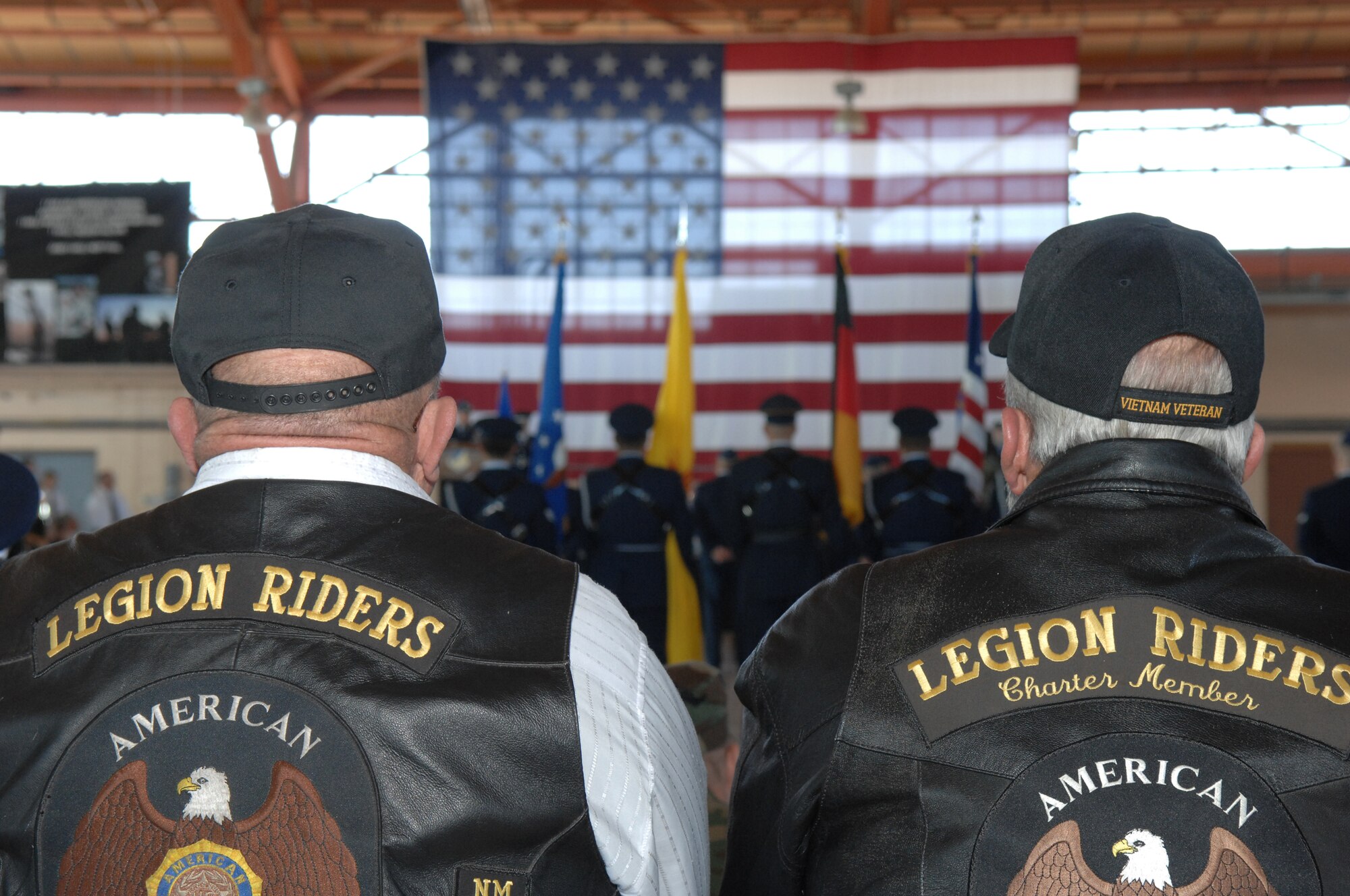 Two members of the Veteran of Foreign Wars, attend the 49th Fighter Wing change of command ceremony Jan. 11, 2008, at Holloman Air Force Base, N.M. The ceremony was attended by members of Team Holloman and visitors from Alamogordo, White Sands and Las Cruces, N.M., and Fort Bliss, Texas.
(U.S. Air Force photo/Senior Airman Anthony Nelson Jr)
