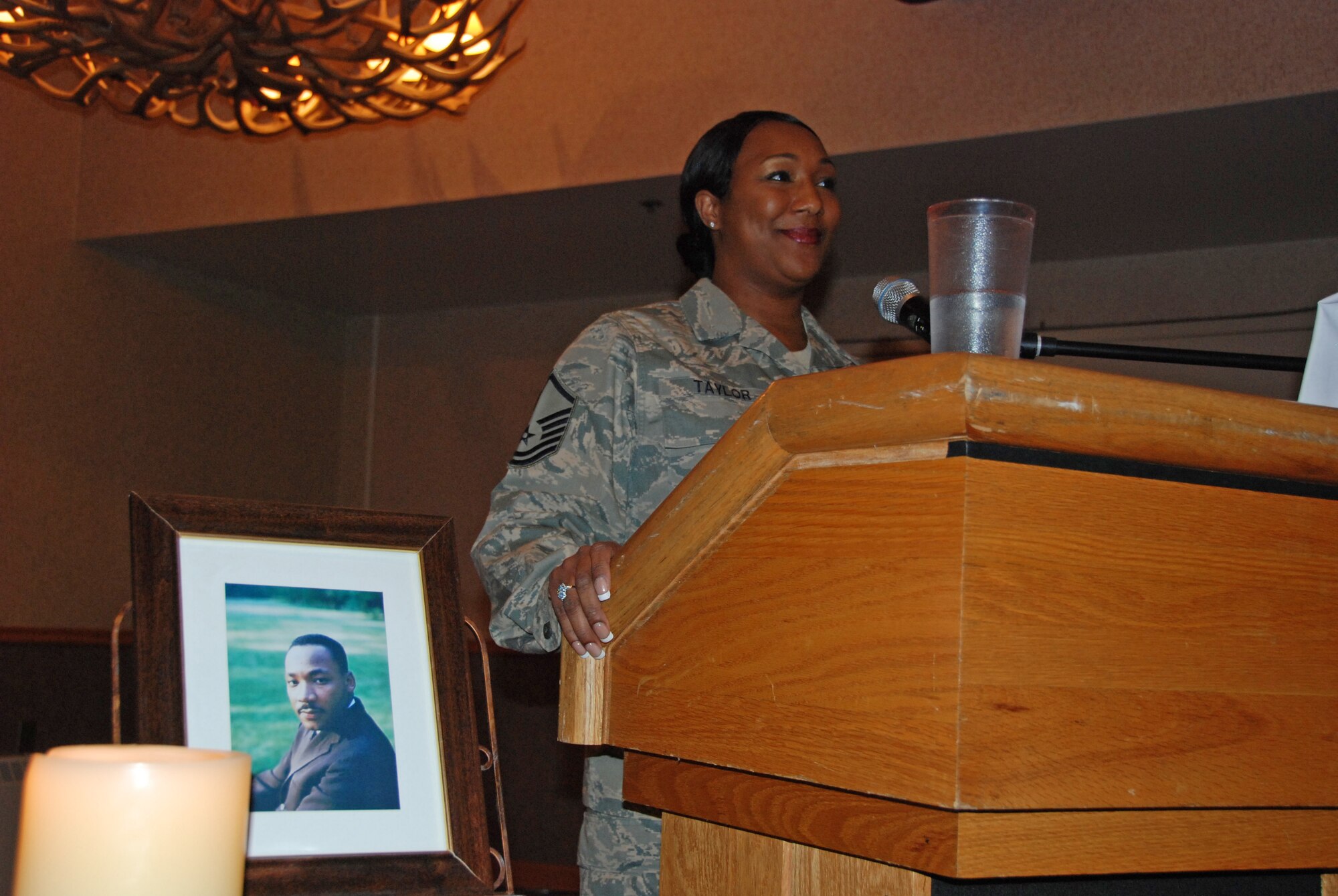 EIELSON AIR FORCE BASE, Alaska--Master Sgt. Rashelle Taylor, 354th Comptroller Squadron chief finance customer service, takes a breath before beginning the Martin Luther King, Jr. observance ceremony Jan. 17 at the Yukon Club. Dr. King spent most of his life fighting for equal rights for not only African Americans, but for all mankind. (U.S. Air Force photo by Airman 1st Class Nora Anton)