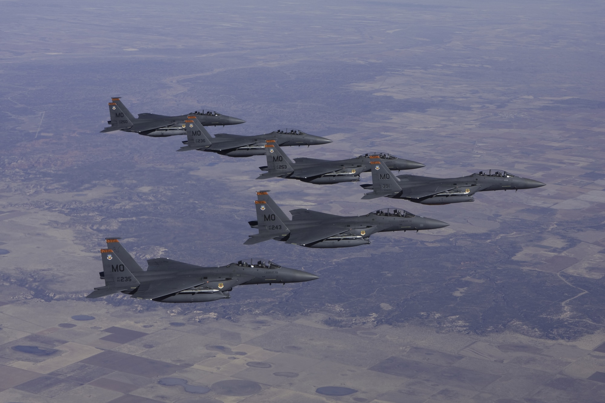 MOUNTAIN HOME AIR FORCE BASE, Idaho -- Six F-15Es from the 391st Fighter Squadron fly in formation over the skies of Texas during a Presidential support mission. 100 Airmen from Mountain Home, 13 security forces Airmen from Dyess AFB, Texas, and seven jets from the 391st Fighter Squadron deployed to Robert Gray Army Airfield at Fort Hood, Texas, as part of Operation Noble Eagle. The Airmen left Dec. 20 to provide air cover for the President during his Christmas vacation at his ranch in Crawford, Texas. The Airmen returned Jan. 2. (U.S. Air Force photo/ Courtesy Photo)