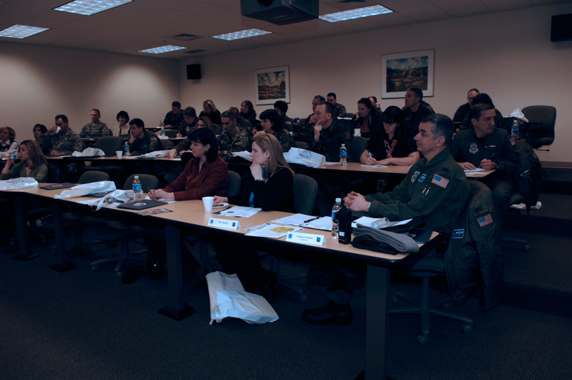 FAIRCHILD AIR FORCE BASE, Wash. –Squadron commanders and spouses attend the Squadron Commanders Course at the Education Center on Jan 15. The course was given to accelerate the knowledge of commanders, deputies and their spouses to update them with information and services on various base agencies. (U.S. Air Force photo/Airman 1st Class Darlene West)