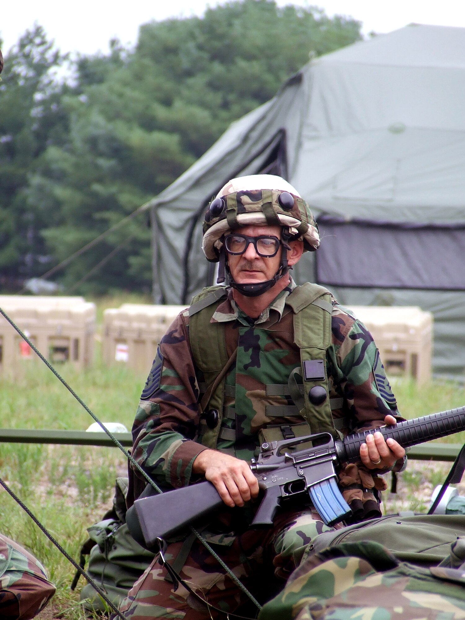 Master Sgt. Frank Shoemaker responds to a scenario during Exercise Eagle Flag 07-6 Aug. 26 at Naval Air Engineering Station Lakehurst, N.J. The exercise is operated by the Air Force Expeditionary Center's 421st Combat Training Squadron at Fort Dix, N.J., and tests Airmen on expeditionary combat support skills. Sergeant Shoemaker is the first sergeant from the 7th Civil Engineer Squadron from Dyess Air Force Base, Texas. (U.S. Air Force photo/Tech. Sgt. Scott T. Sturkol)