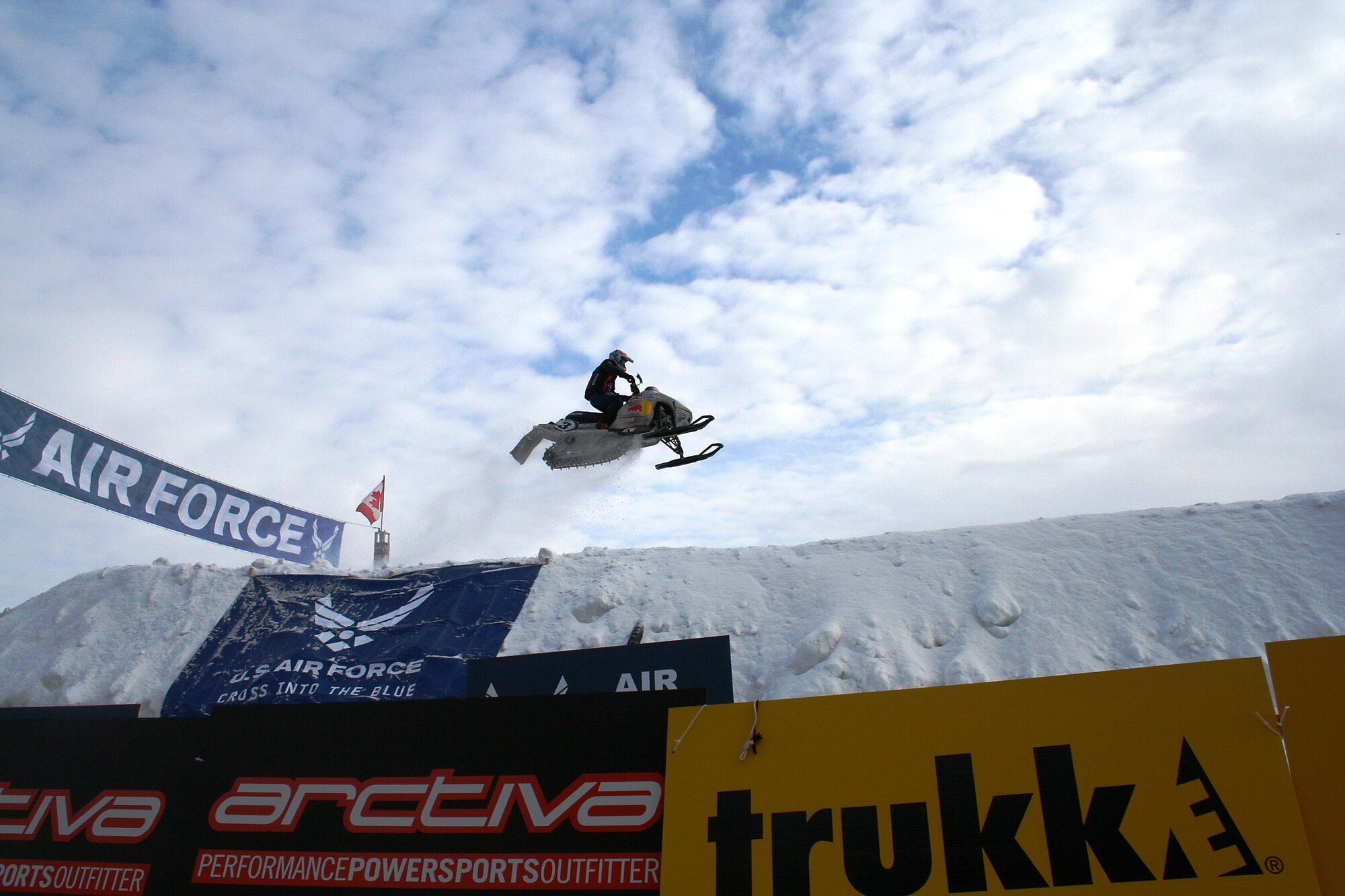 Scheuring racing driver, Shaun Crapo, catches 'Big Air' on his Air Force-sponsored snowmobile at the Jan. 12 World PowerSport Association Snowmobile Tour event, outside of Minneapolis, Minn.