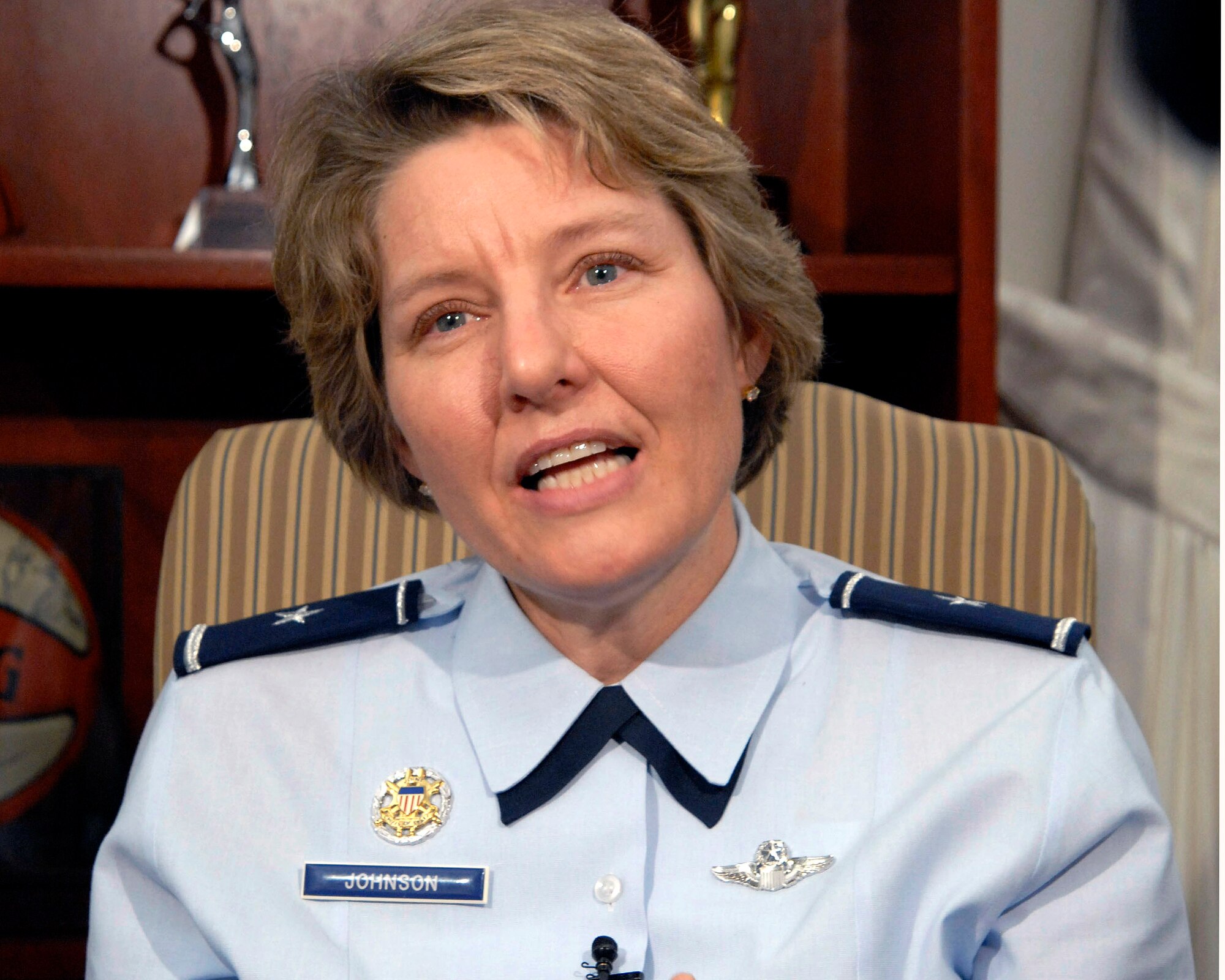 Brig. Gen. Michelle D. Johnson comments on being featured in an episode of CBS Sports Spectacular titled, "Pride, Passion and Power." The program, which airs Jan. 19 at 2:30 p.m. EST will highlight her accomplishments while at the U.S. Air Force Academy and her success as an active-duty officer. Along with being a star athlete while at the Academy, she also was the Academy's first female cadet wing commander.  General Johnson is the deputy director for the Joint Staff 's War on Terrorism, Strategic Plans and Policy Directorate at the Pentagon.  (U. S. Air Force photo/Tech. Sgt. Cohen A. Young)