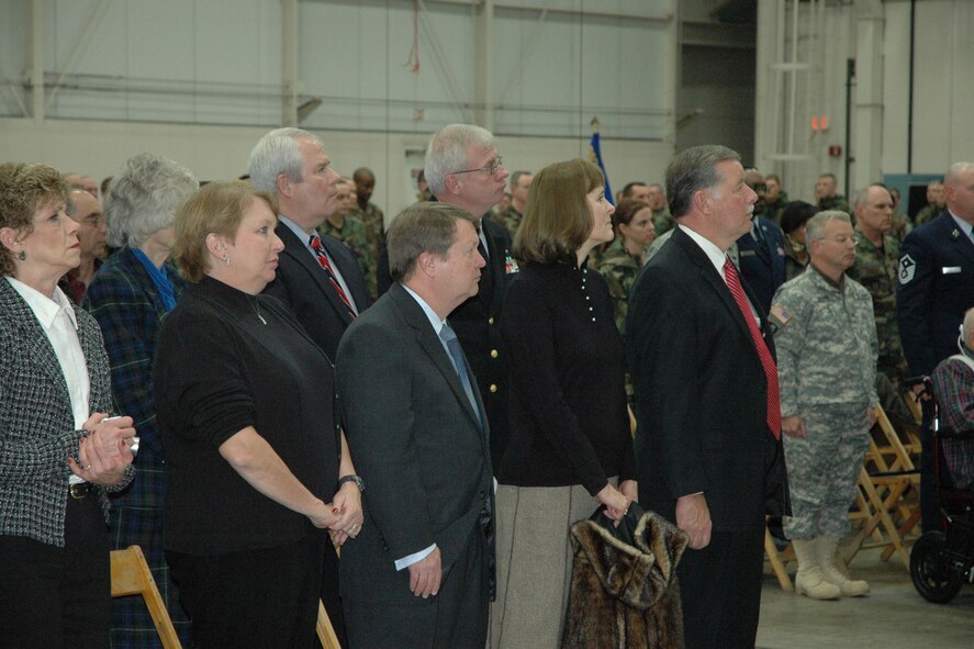 YOUNGSTOWN AIR RESERVE STATION, Ohio — Many friends and family members as well as former wing commanders of the 910th Airlift Wing including retired Col. Timothy J. Thomson, his wife Cheryl, and retired Brig. Gen. Michael F. Gjede, and his wife Jerlynn, attended the retirement ceremony for Chief Master Sgt. Robert V. Glus Sr., command chief of the 910th Airlift Wing, Jan. 6, 2008. U.S. Air Force photo/Tech. Sgt. Bob Barko Jr.