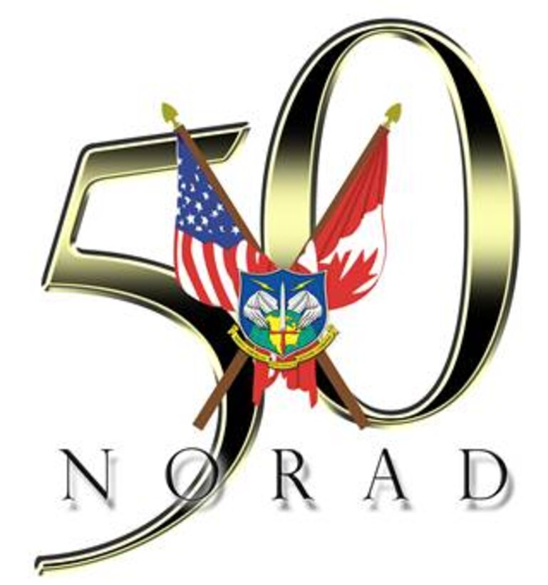 The North American Aerospace Defense Command 50th anniversary logo. The dominant element of the logo is the number 50 in a shiny, golden tone. The golden color was chosen because a 50th anniversary is often referred to as the “Golden Anniversary” or “Golden Jubilee.” The NORAD crest and the name at the bottom of the logo clearly identify the command. The crossed flags of Canada and of the U. S. reflect the bi-national character of NORAD. (Courtesy graphic/NORAD)
