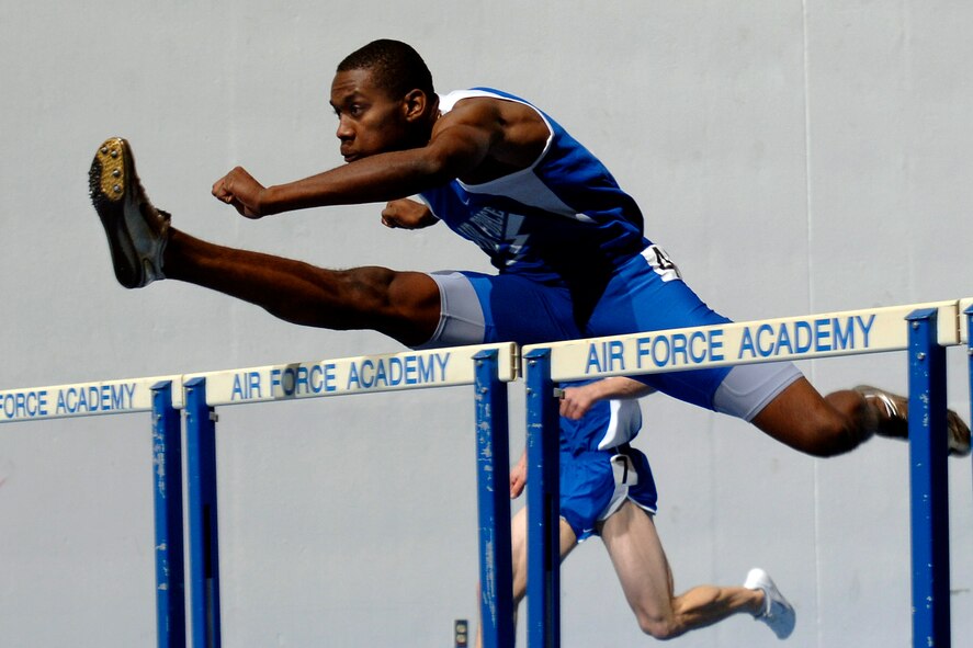 U.S. Air Force Academy Falcon freshman Terry Robinson placed third in the 60-meter men's hurdle competition with a time of 8.38 seconds at the Air Force All-Comers Meet Jan. 13 at Colorado Springs, Colo. (U.S. Air Force photo/Mike Kaplan)