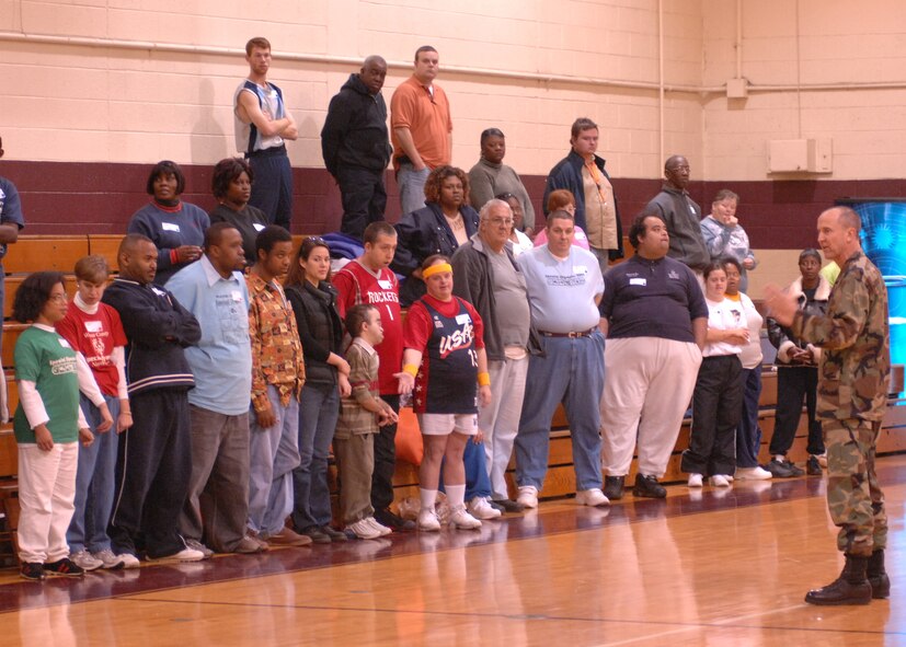 SEYMOUR JOHNSON AIR FORCE BASE, N.C. - Colonel Russell Walden, commander, 4th Mission Support Group, welcomes competitors of the 2008 Special Olympics on January 16. The Special Olympics provide opportunities for physically and mentally challenged people of all ages. (U.S. Air Force photo by Airman 1st Class Jonathon Williams)(released)