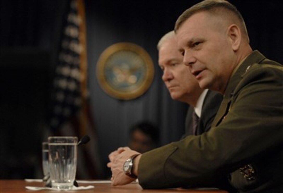 Vice Chairman of the Joint Chiefs of Staff Gen. James Cartwright, U.S. Marine Corps, and Secretary of Defense Robert M. Gates conduct a media roundtable in the Pentagon on Jan. 17, 2008.  