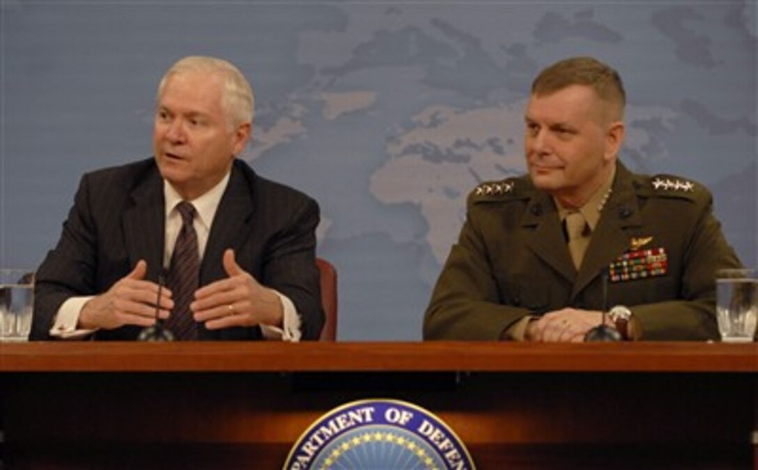 Secretary of Defense Robert M. Gates (left) and Vice Chairman of the Joint Chiefs of Staff Gen. James Cartwright, U.S. Marine Corps, conduct a media roundtable in the Pentagon on Jan. 17, 2008.  
