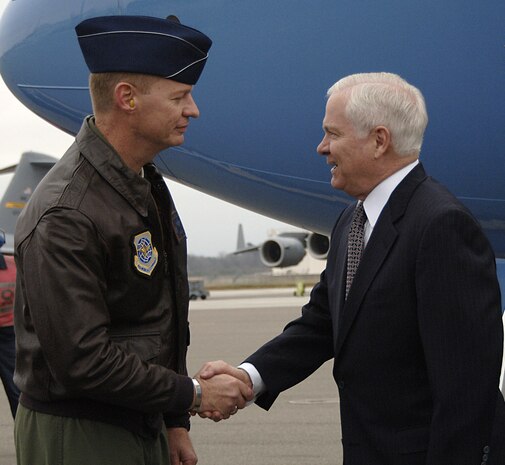 Col. John "Red" Millander, 437th Airlift Wing commander, Charleston AFB, S.C., greets the Secretary of Defense, The Honorable Robert Gates, upon his arrival to Charleston AFB, Jan. 18.  The secretary viewed the loading procedures of the Mine Resistant Ambush Protected Vehicles on a C-17 aircraft, and he also toured the integration, testing and installation of advanced electronic systems on the MRAP vehicles at the Space and Naval Warfare Systems Center Charleston, S.C. (U.S. Air Force photo/Airman 1st Class Katie Gieratz)
