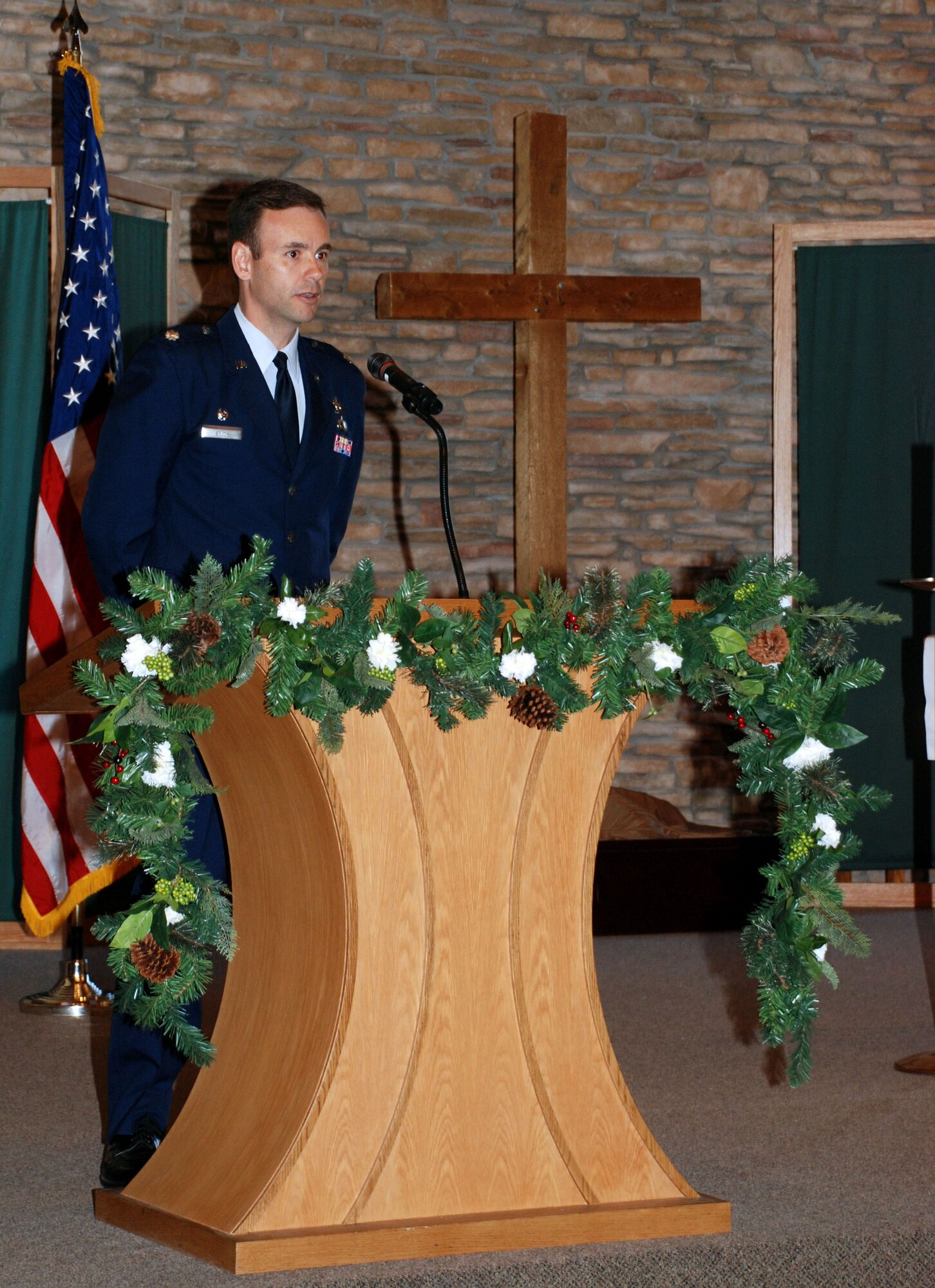Lt. Col. Porter Smith, 82nd Mission Support Group interim deputy commander, speaks at the memorial service for Tandy Weaver Jan. 18 at the North Chapel. Ms. Weaver passed away Jan. 12. (U.S. Air Force photo/Airman 1st Class Jacob Corbin)