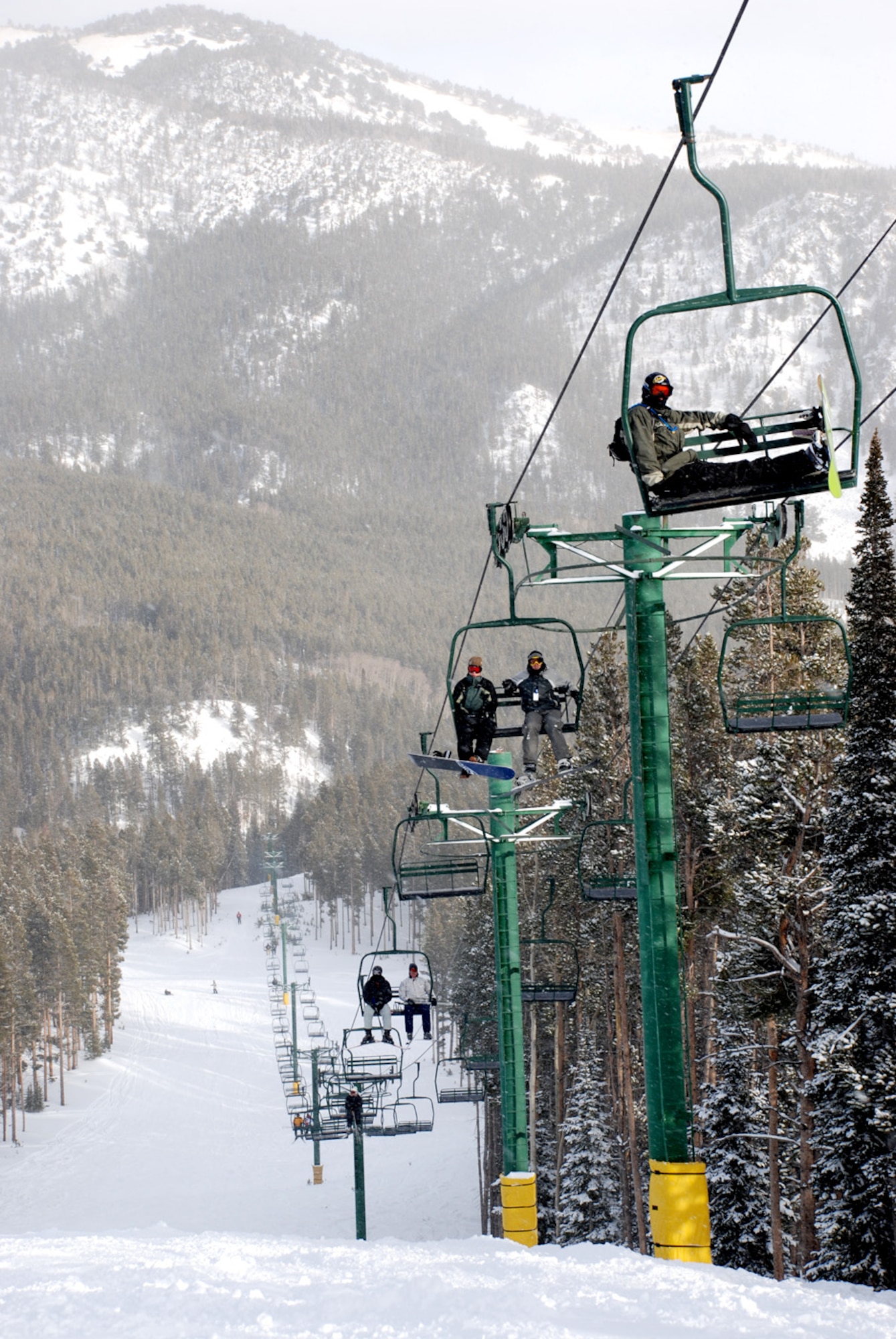Skiers ride the Sundance chair lift to some of the more advanced trails of the mountain Jan. 12. The summit elevation is 10,000 feet.