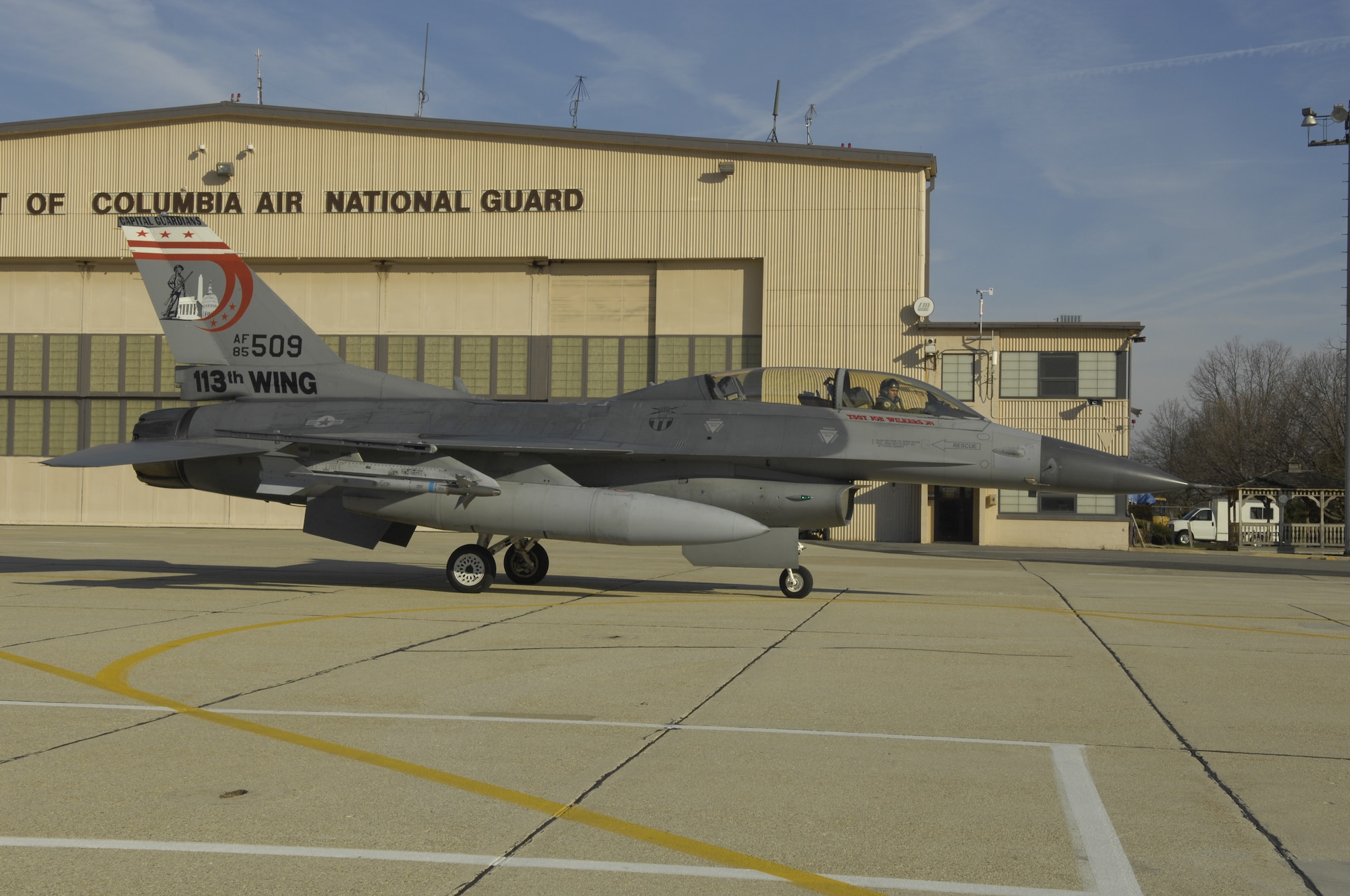 The F-16 Fighting Falcon is an American multi-role fighter Aircraft. The 113th "Capital Guardians" received its new tailsplash design in summer 2007. (US Air Force/SrA Renae Kleckner)
