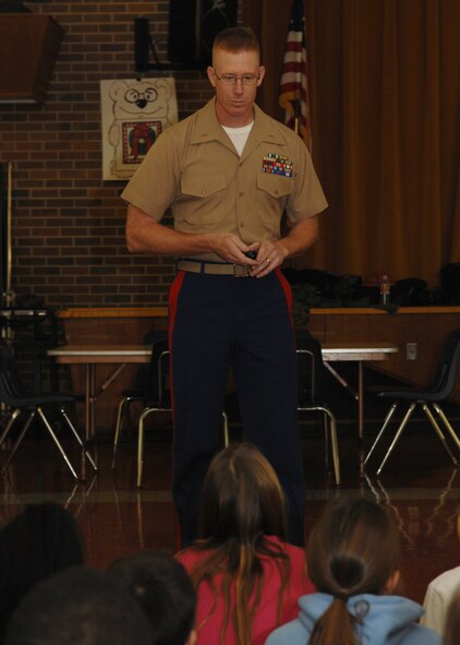Marine Chief Warrant Officer George Williams, Marine Det. 2 Dyess AFB, describes to the students the four different types of bullying at Lee Elementary school, Jan. 17. The four different types are physical, verbal, hate speech, and exclusion.