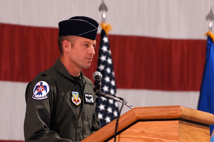 Lt. Col. Greg Thomas, U.S. Air Force Air Demonstration Squadron commander, speaks after assuming command of the Thunderbirds at a ceremony held here, Jan. 11. (U.S. Air Force photo by Tech. Sgt. Justin Pyle)