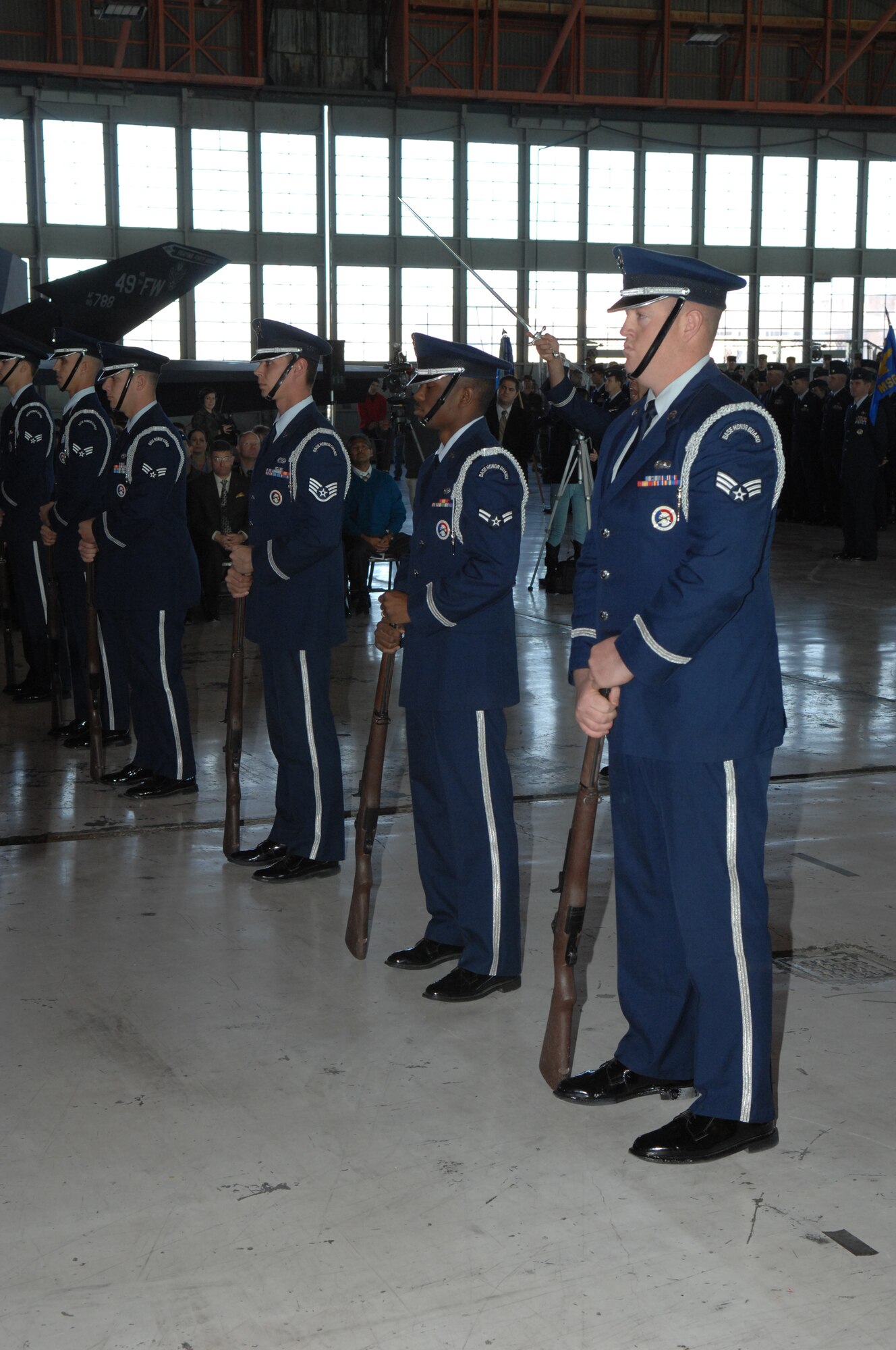 Members of the Honor Guard perform a special presentation the during the 49th Fighter Wing change of command ceremony, Holloman Air Force Base, N.M. on Jan. 11, 2008. Col. The ceremony was attended by members of Team Holloman and visitors from Alamogordo, White Sands and Las Cruces, N.M., and Fort Bliss, Texas. (U.S. Air Force photo/Senior Airman Anthony Nelson Jr) 